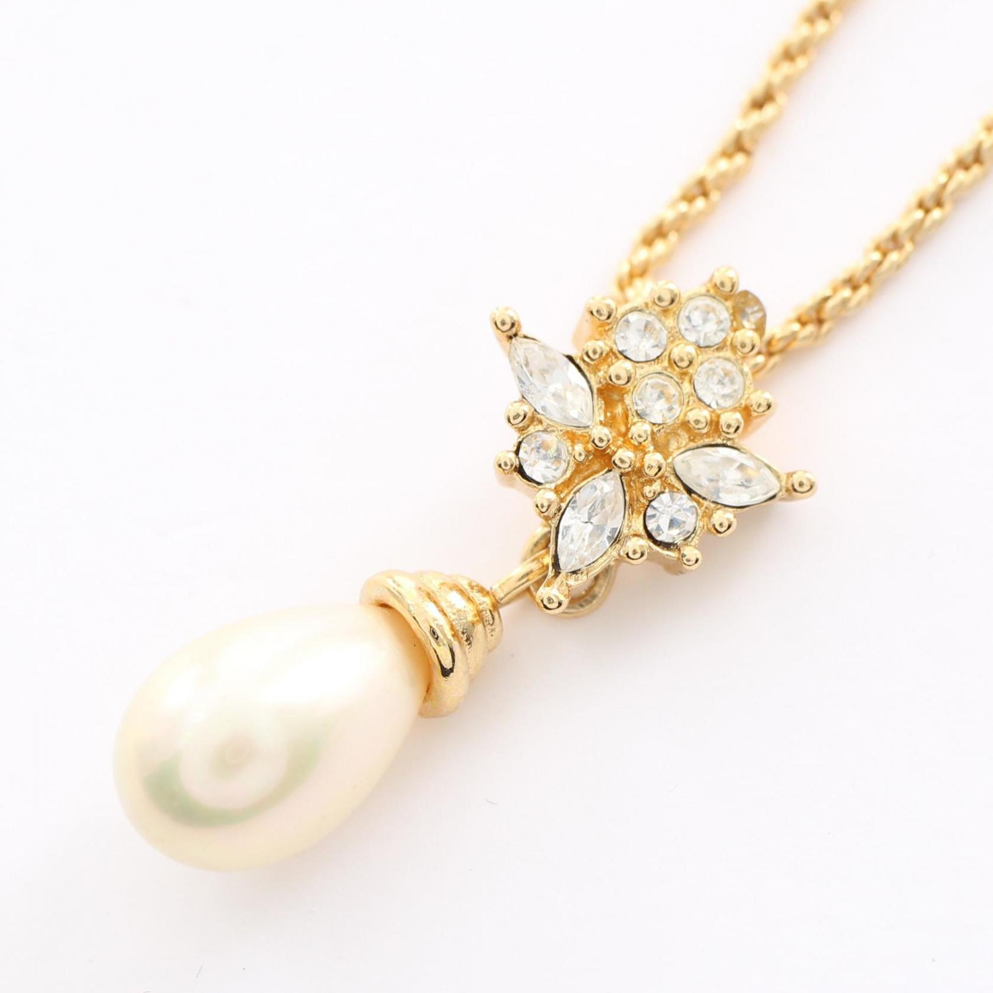 Christian Dior Dior Necklace GP (Gold Plated) Fake Pearl Rhinestone Women's Gold White Clear