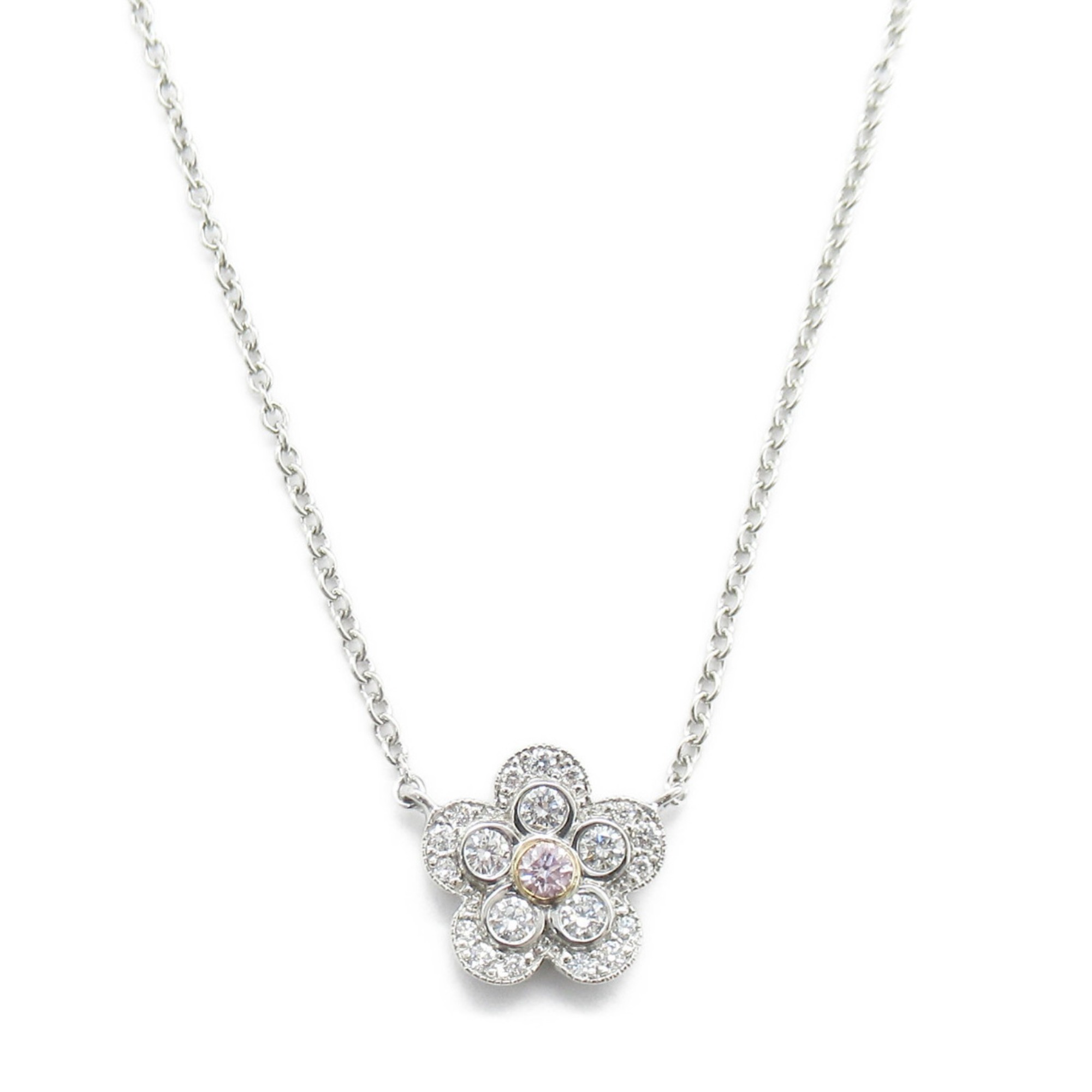 Tiffany & Co. Garden Flower Pink Diamond Necklace, Pt950 Platinum, K18WG (White Gold), Diamond, Women's, Pink, Clear