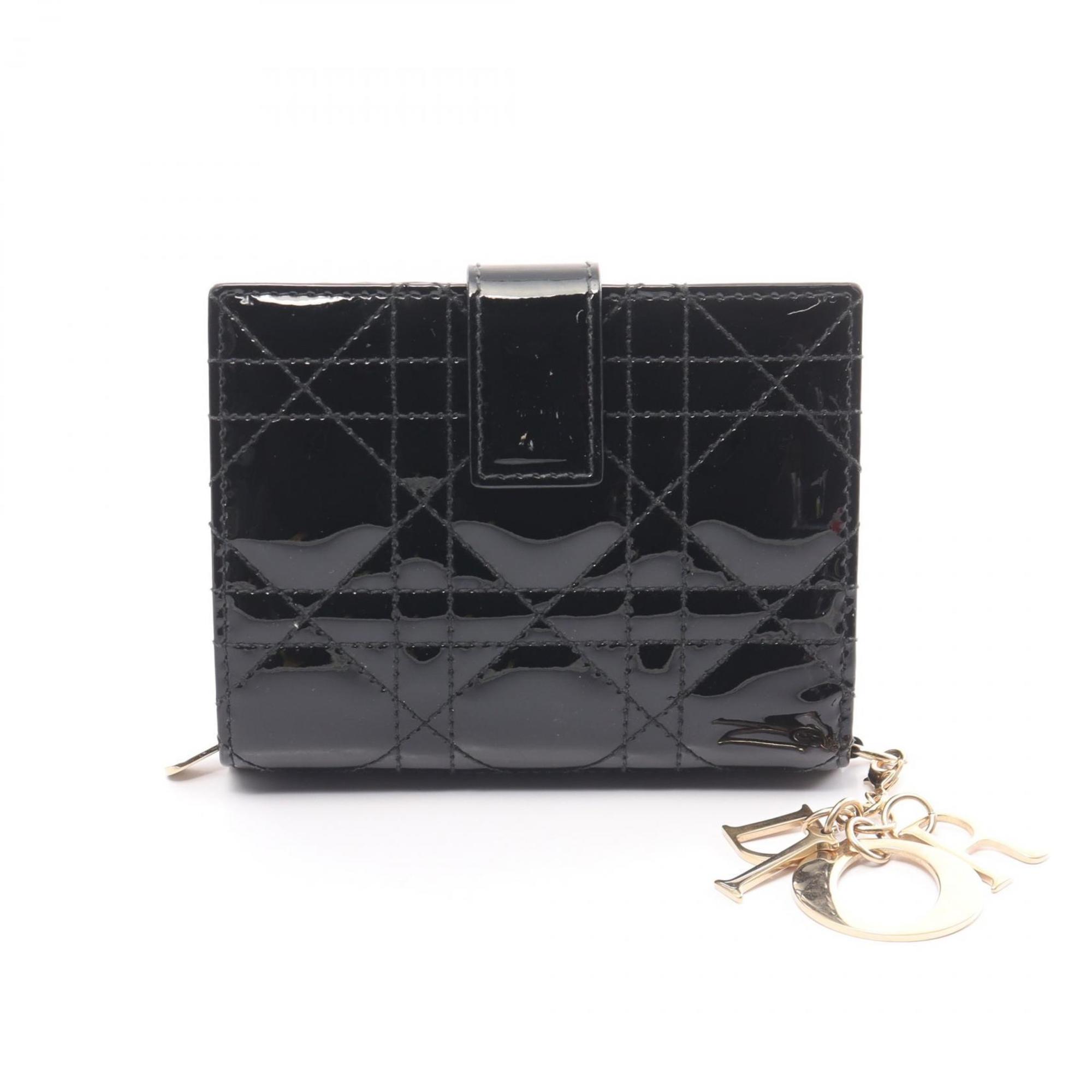 Christian Dior Dior Lady Cannage Bi-fold Wallet Patent Leather Women's Black 25-MA-0158