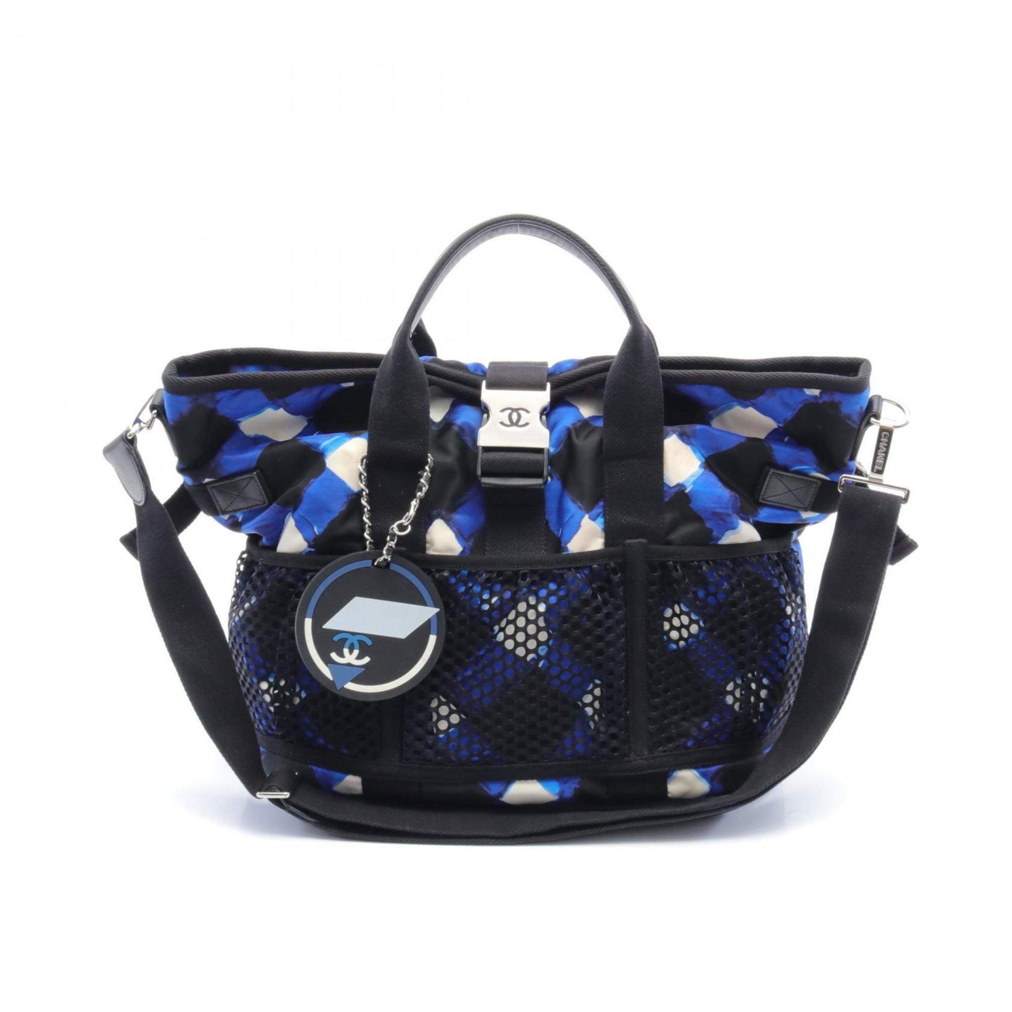 CHANEL Airline Tote Bag Nylon Leather Women's Blue Black White