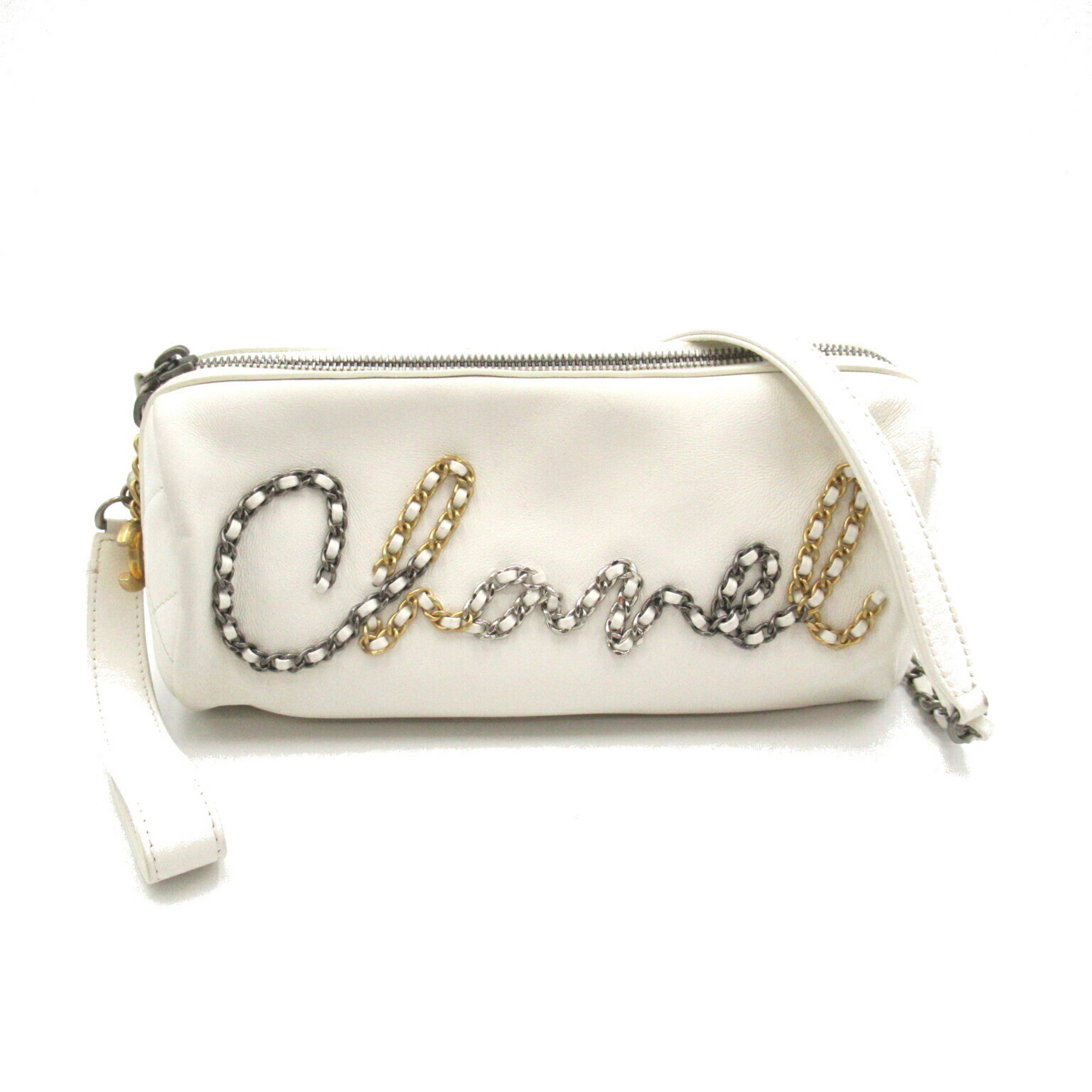 CHANEL Chain Shoulder Bag Leather Women's White AS1779