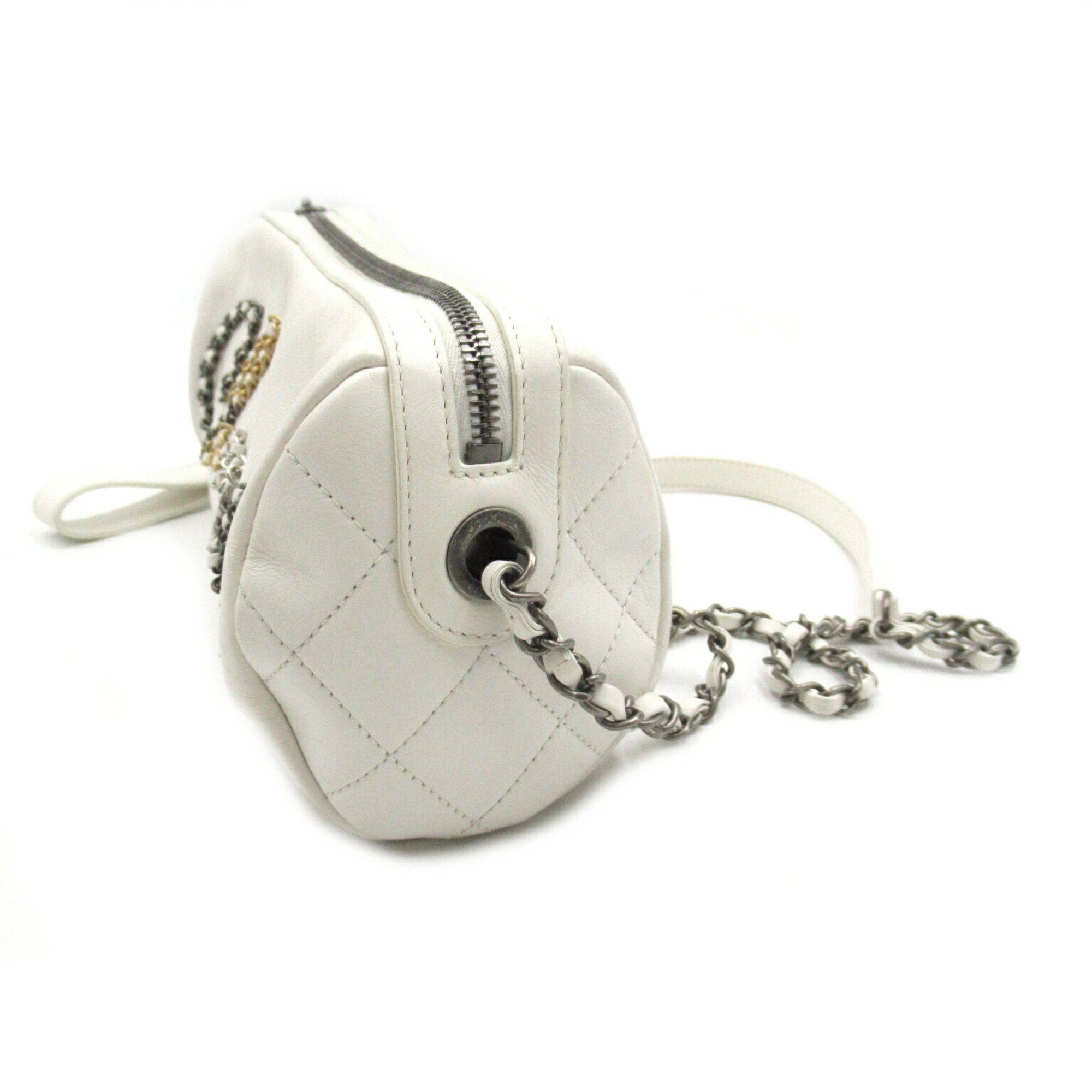 CHANEL Chain Shoulder Bag Leather Women's White AS1779