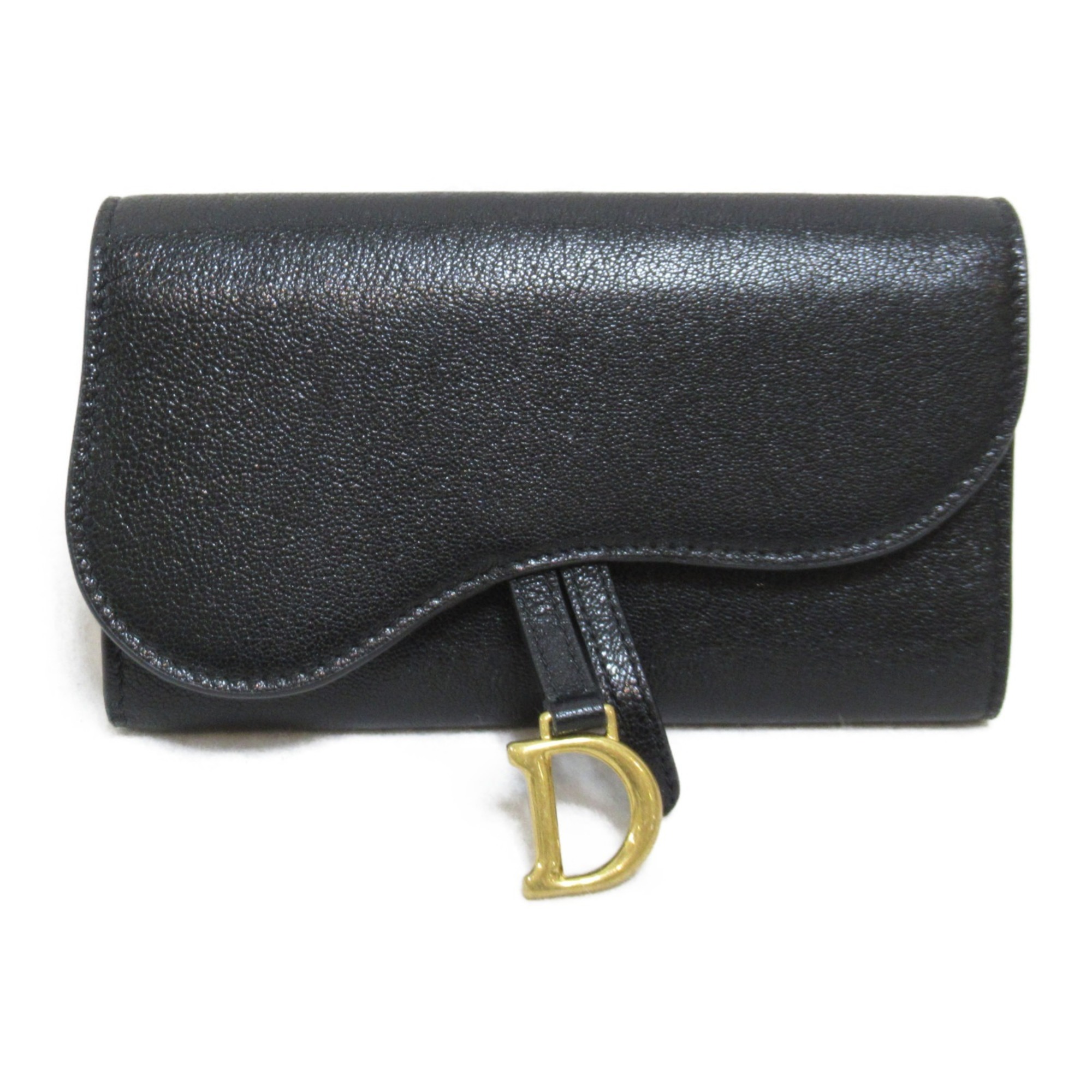 Christian Dior Dior Saddle Wallet Tri-fold Long Leather Women's Black S5680CCEH