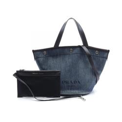 PRADA DENIM+CITY CALF Tote Bag, Denim, Leather, Women's, Navy, Black, 1BG244