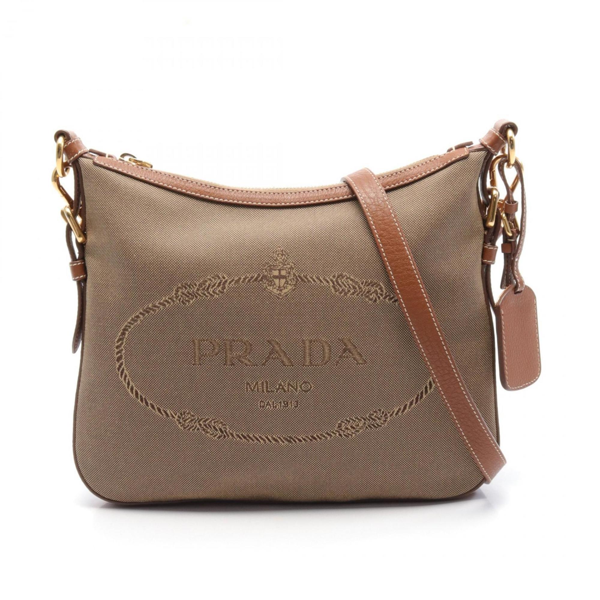 PRADA LOGO JACQUARD Shoulder Bag Leather Jacquard Women's Khaki Brown BT0706