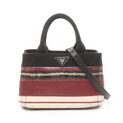 PRADA CANAPA Tote Bag Canvas Leather Exotic Women's Black Bordeaux Multicolor 1BG439