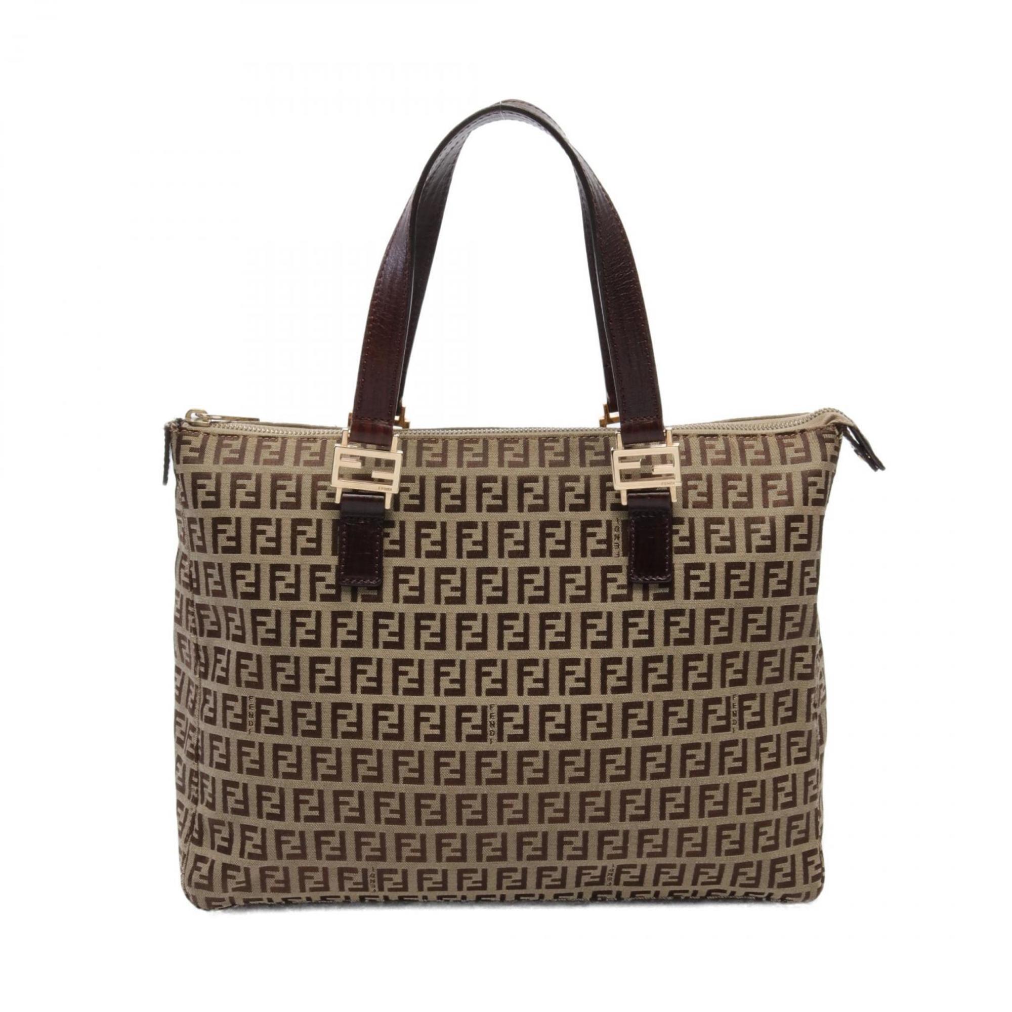 FENDI Zucchino Tote Bag Canvas Leather Women's Beige Brown