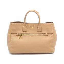 PRADA MADRAS Tote Bag Leather Women's Beige