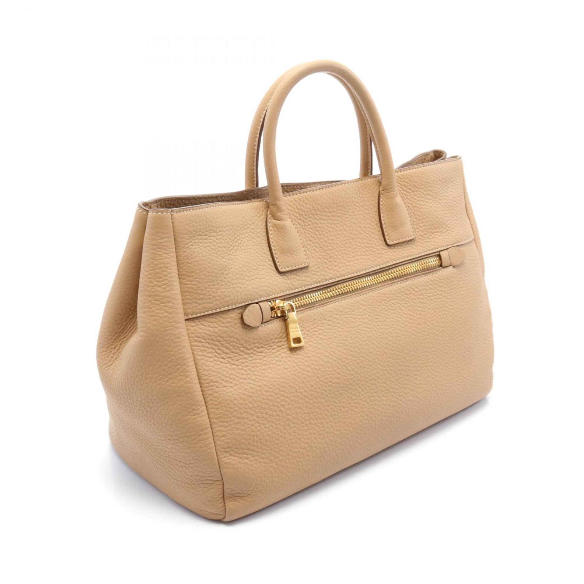 PRADA MADRAS Tote Bag Leather Women's Beige