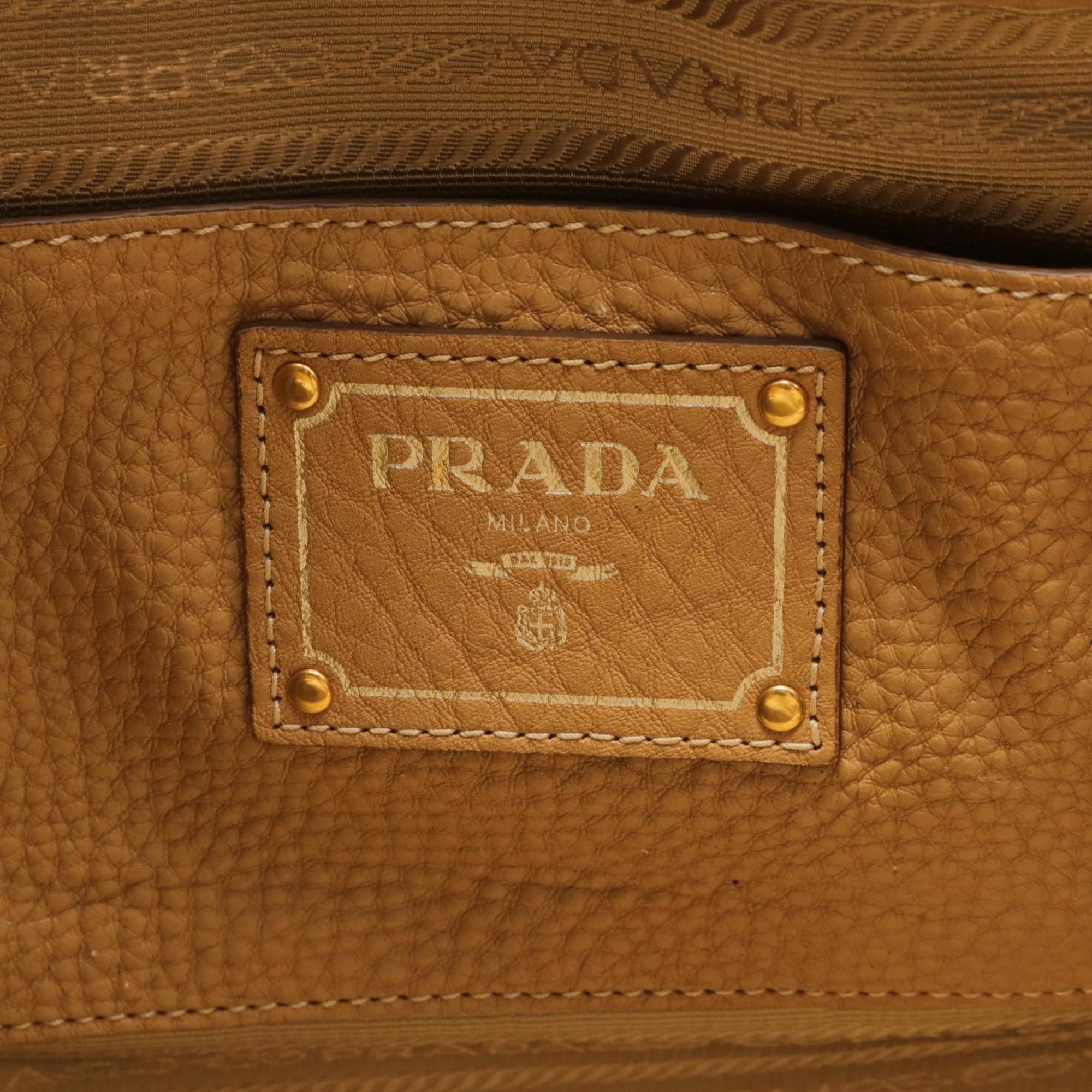 PRADA MADRAS Tote Bag Leather Women's Beige