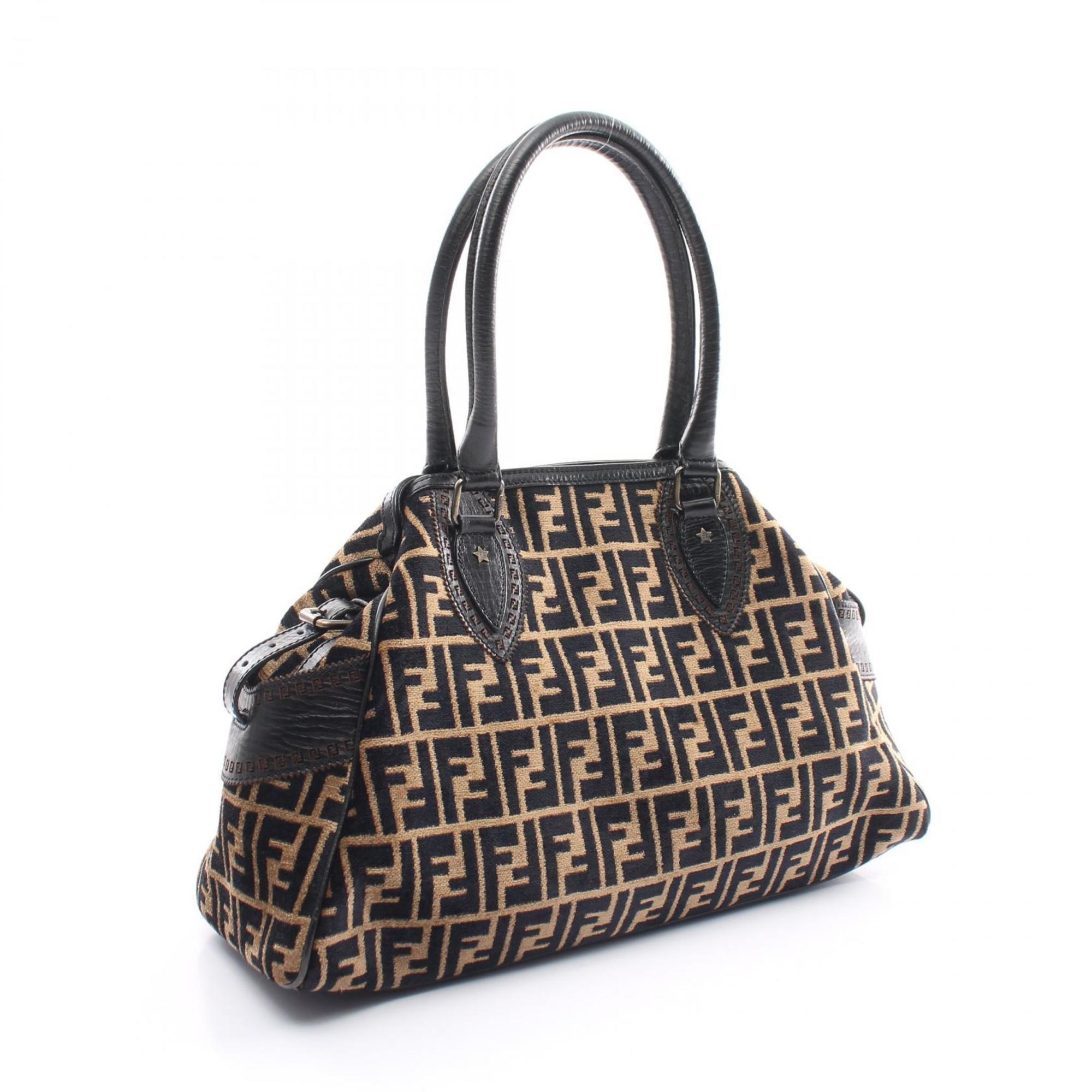 FENDI ZUCCA Handbag Bag Leather Fabric Women's Beige Black WS5870