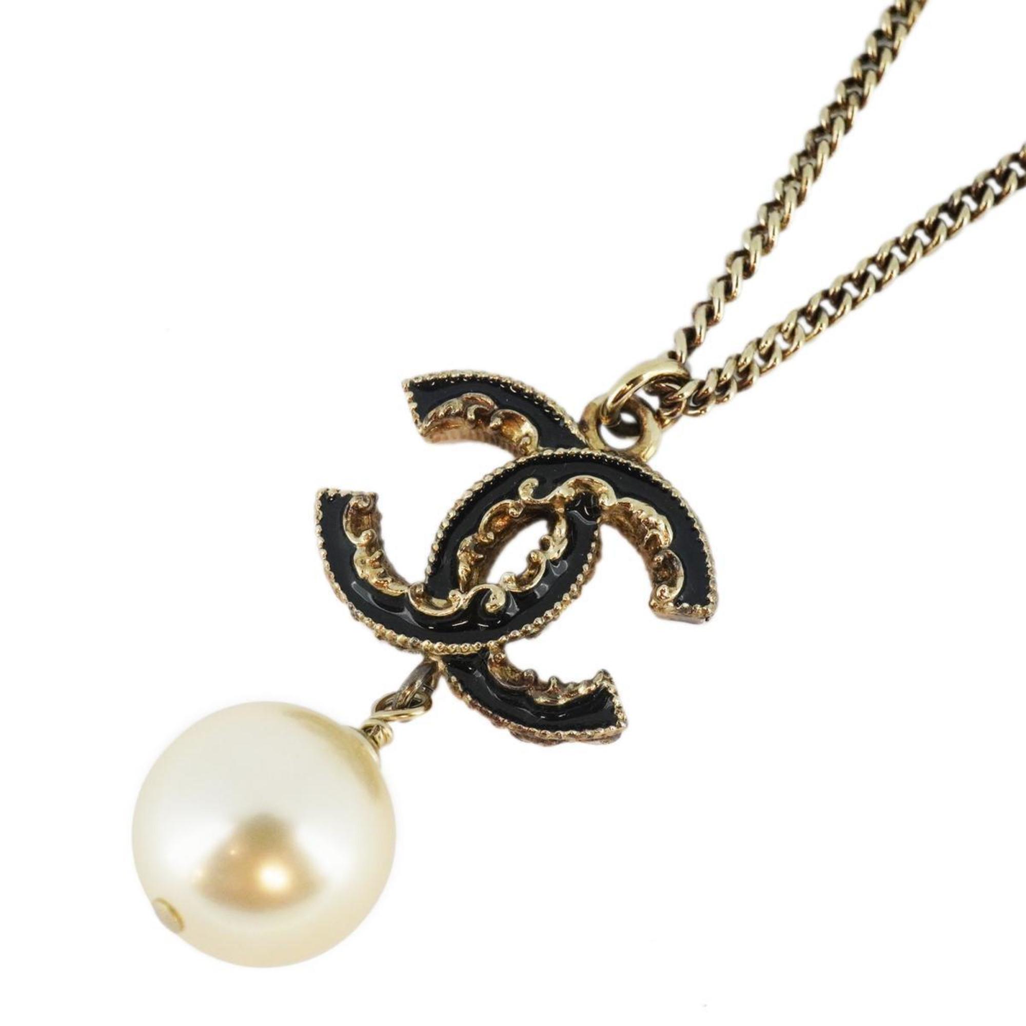 Chanel Necklace Coco Mark Fake Pearl GP Plated Champagne Gold Black 14C Women's