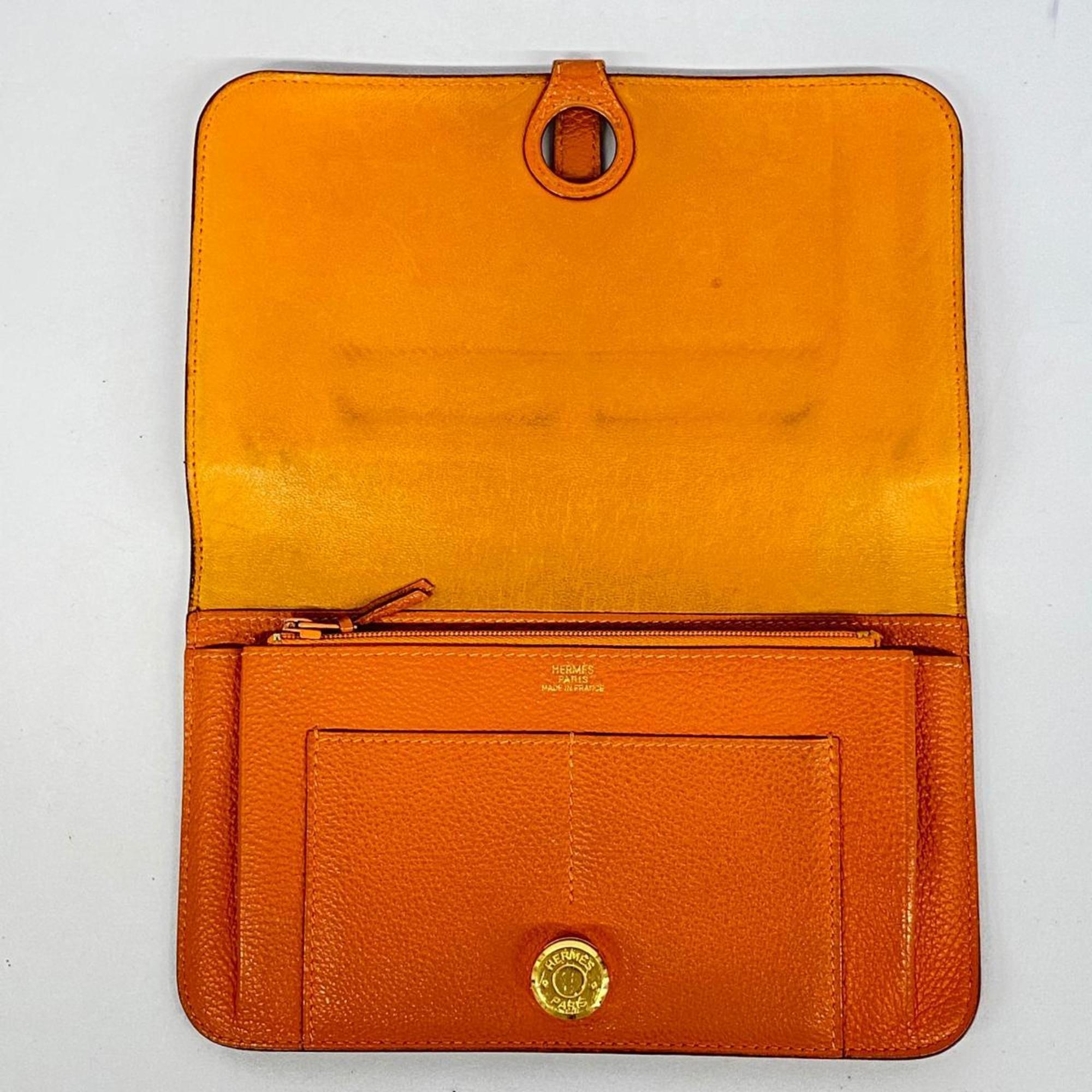 Hermes Long Wallet Dogon GM □D Engraved Togo Orange Men's Women's