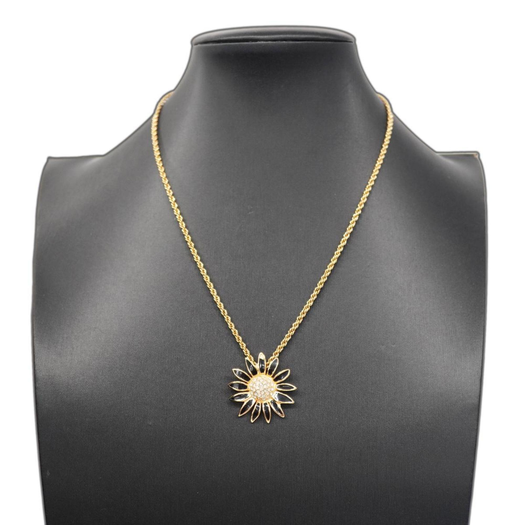 Christian Dior Necklace Flower Motif Rhinestone GP Plated Gold Black Women's