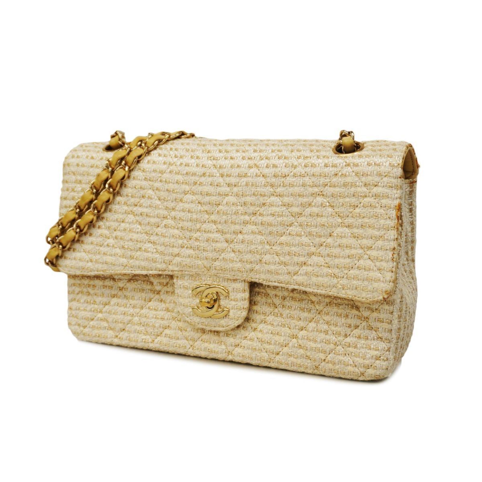 Chanel Shoulder Bag Matelasse W Flap Chain Tweed White Champagne Women's