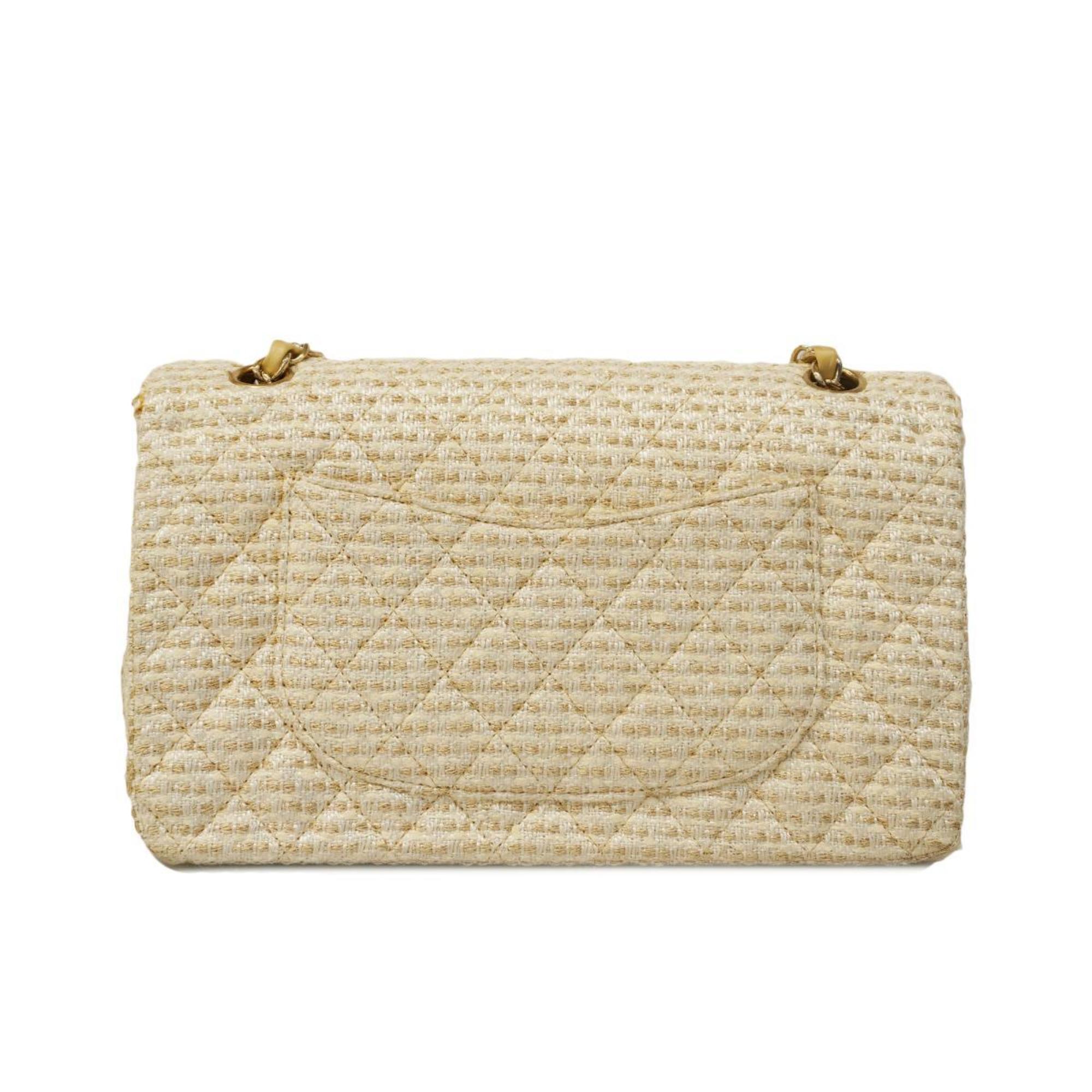 Chanel Shoulder Bag Matelasse W Flap Chain Tweed White Champagne Women's