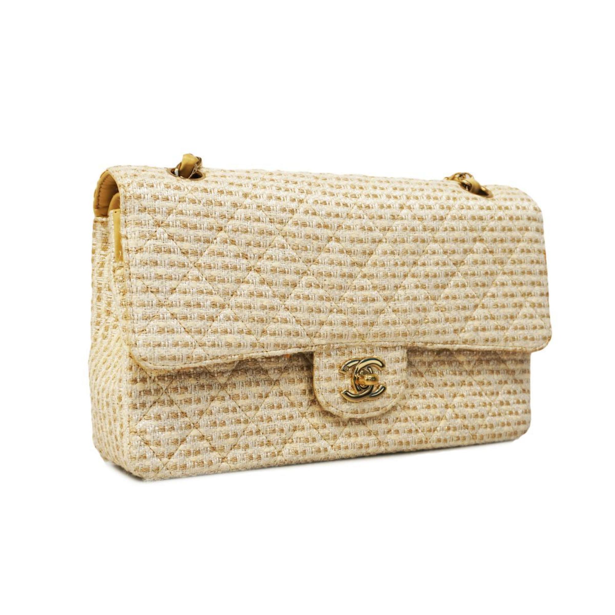 Chanel Shoulder Bag Matelasse W Flap Chain Tweed White Champagne Women's