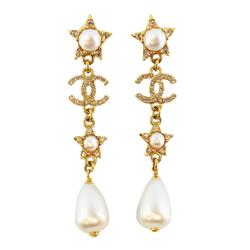 Chanel Earrings Coco Mark Star Fake Pearl Rhinestone GP Plated Gold F24C Women's