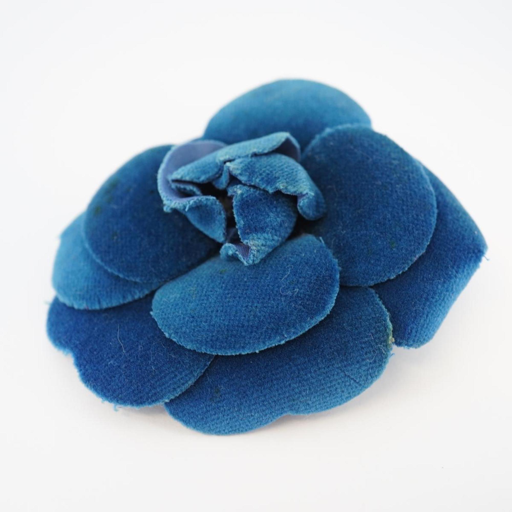 Chanel Brooch Camellia Metal Velvet Silver Blue Women's