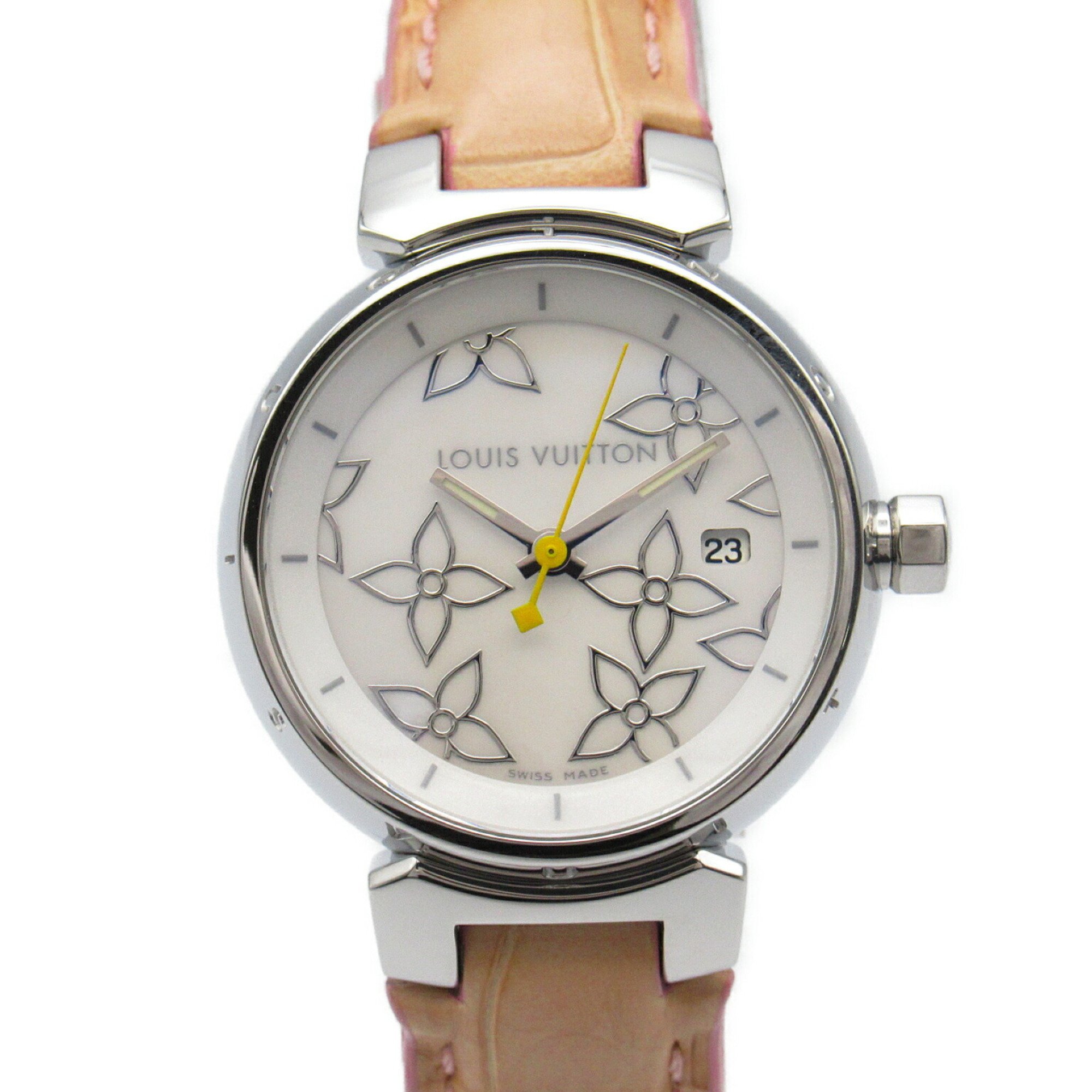 Louis Vuitton Tambour Wristwatch Stainless Steel Leather Strap Women's White Shell Q121C