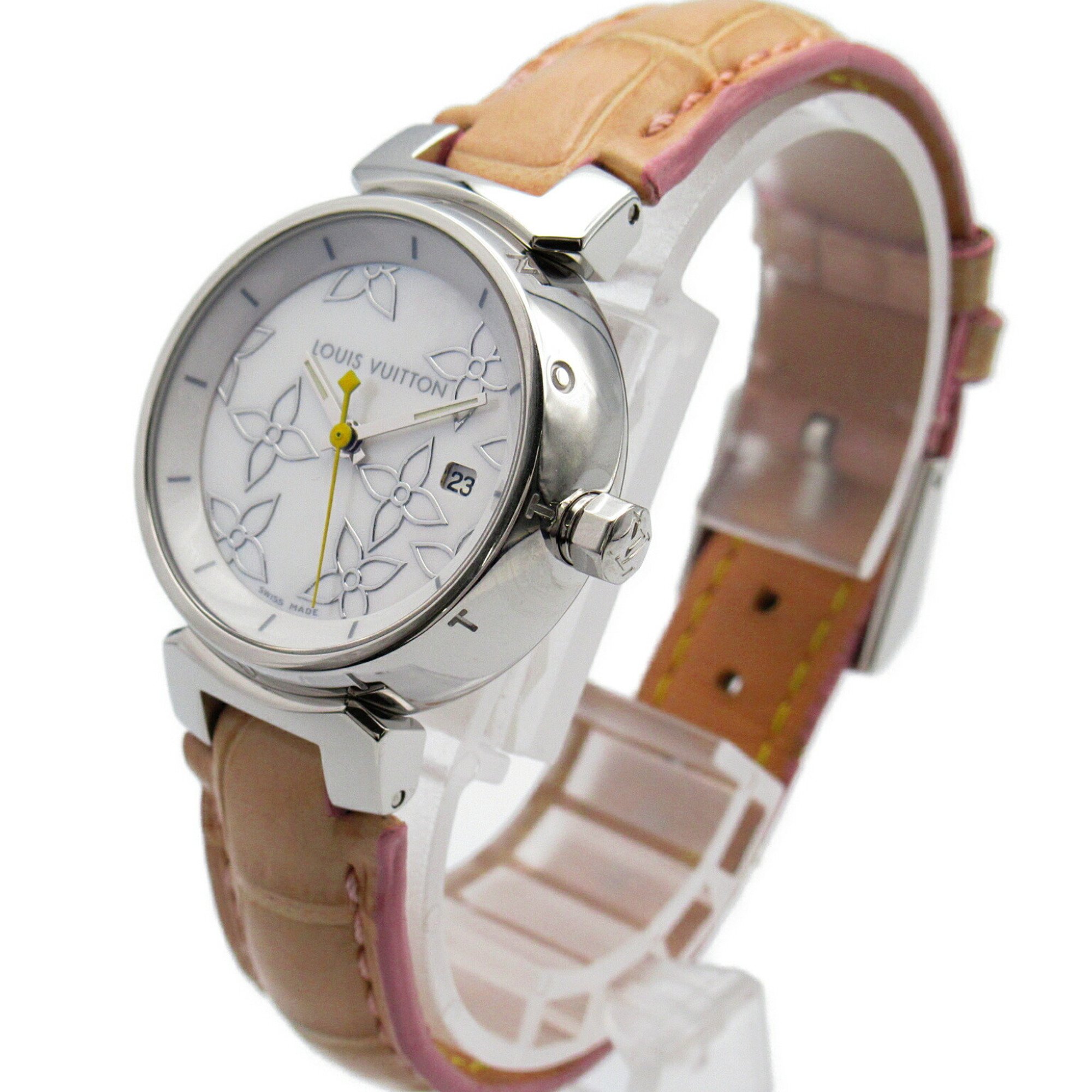 Louis Vuitton Tambour Wristwatch Stainless Steel Leather Strap Women's White Shell Q121C