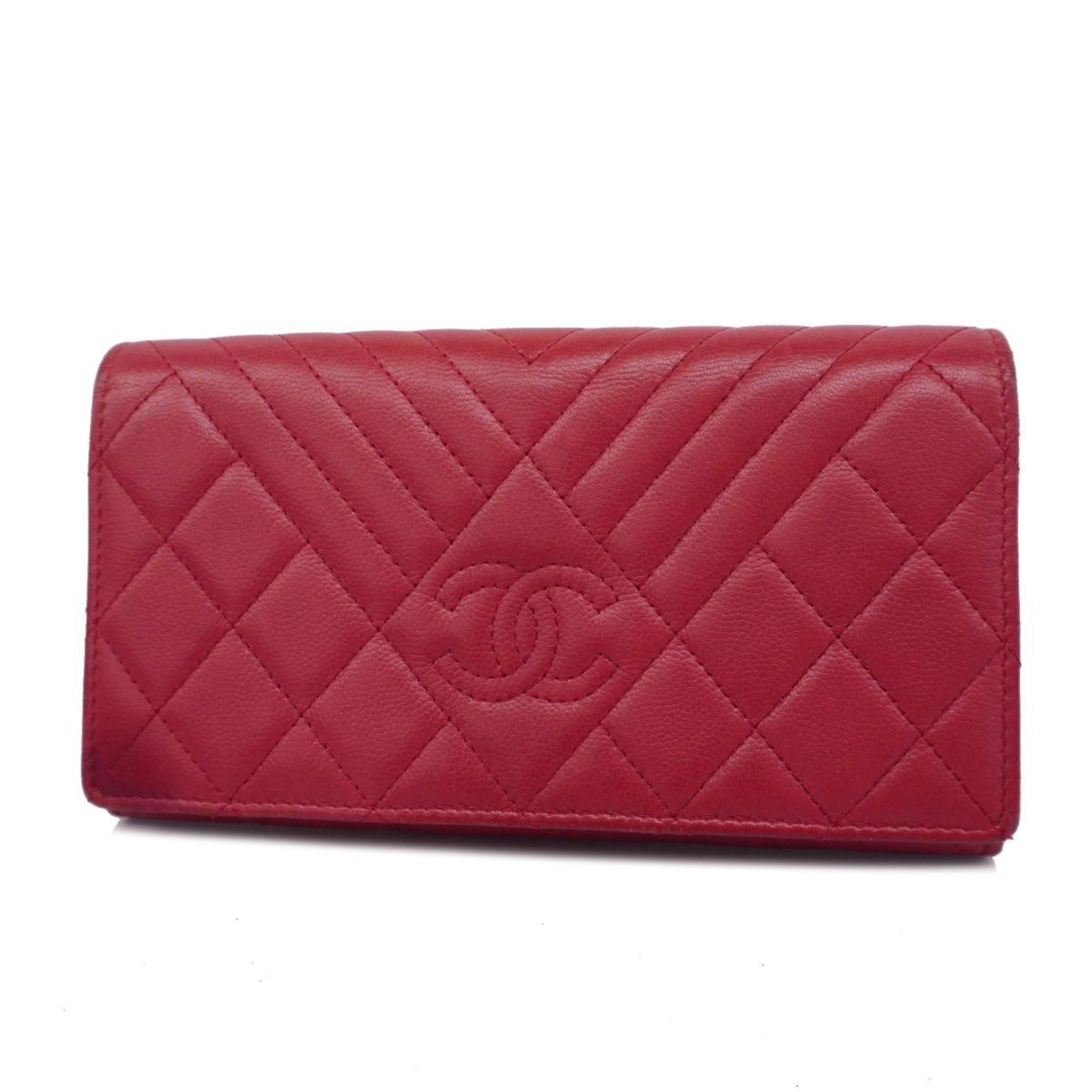 Chanel Long Wallet Matelasse V Stitch Caviar Skin Red Women's