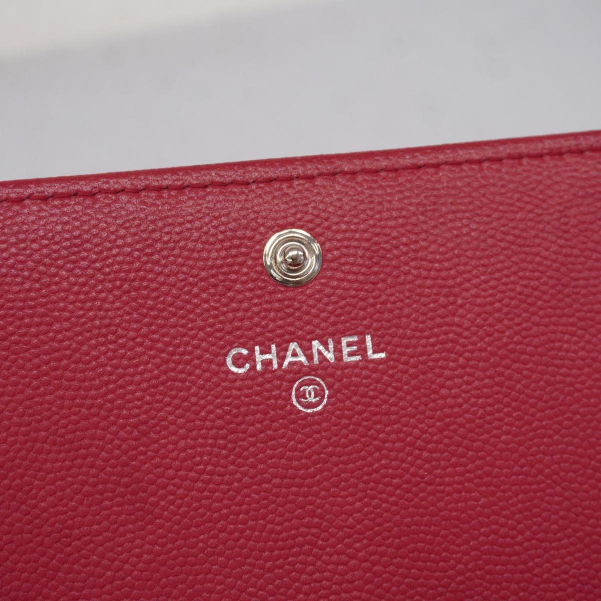 Chanel Long Wallet Matelasse V Stitch Caviar Skin Red Women's