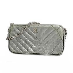 Chanel Shoulder Wallet V-Stitch Chain Coated Leather Grey Women's