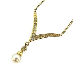 Christian Dior Necklace, Faux Pearl, Rhinestone, GP Plated, Gold, Women's