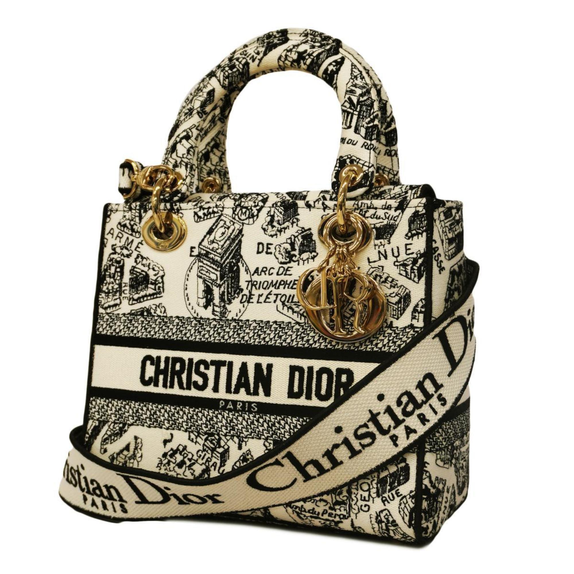 Christian Dior Handbag Lady Delight Canvas Embroidery Black White Champagne Women's