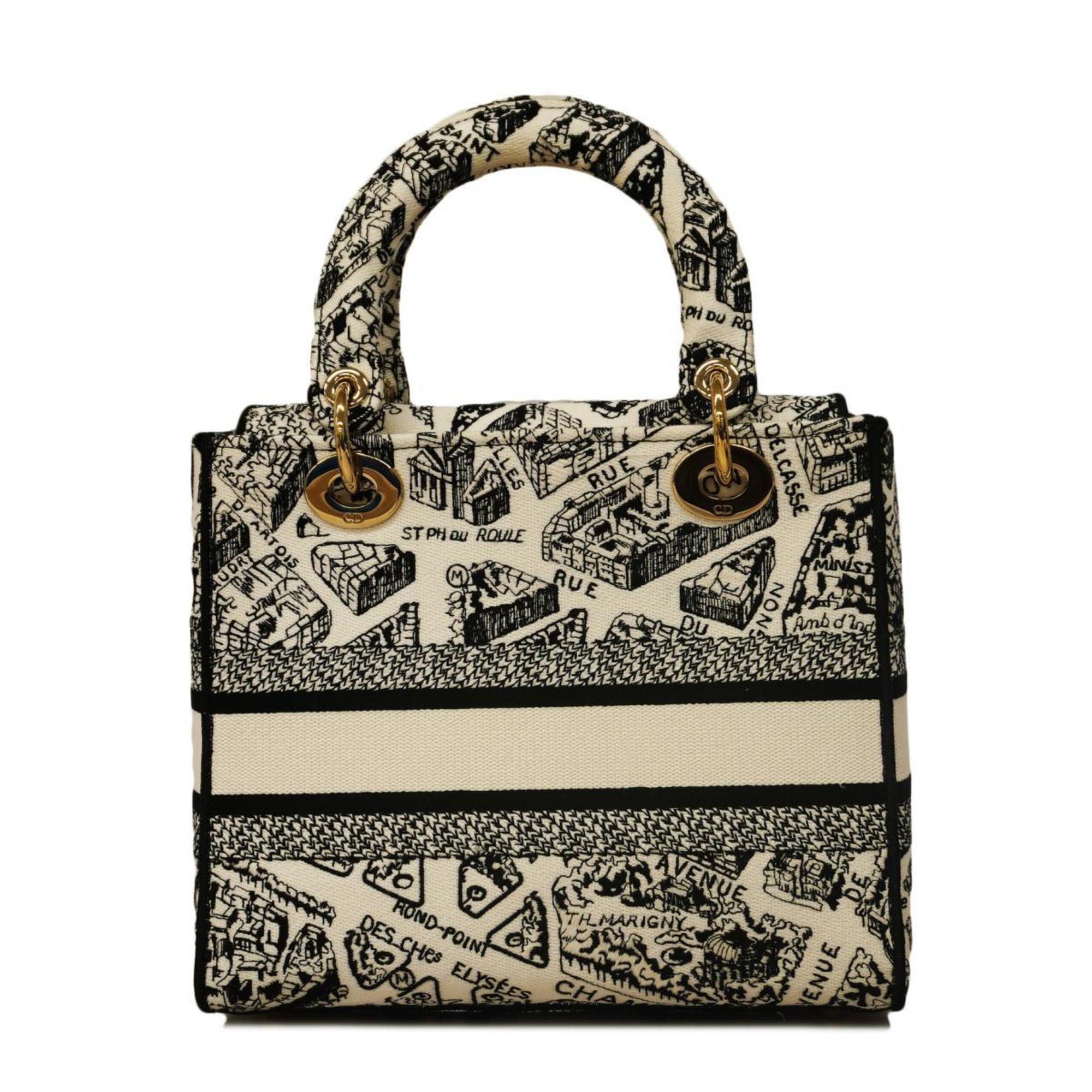 Christian Dior Handbag Lady Delight Canvas Embroidery Black White Champagne Women's