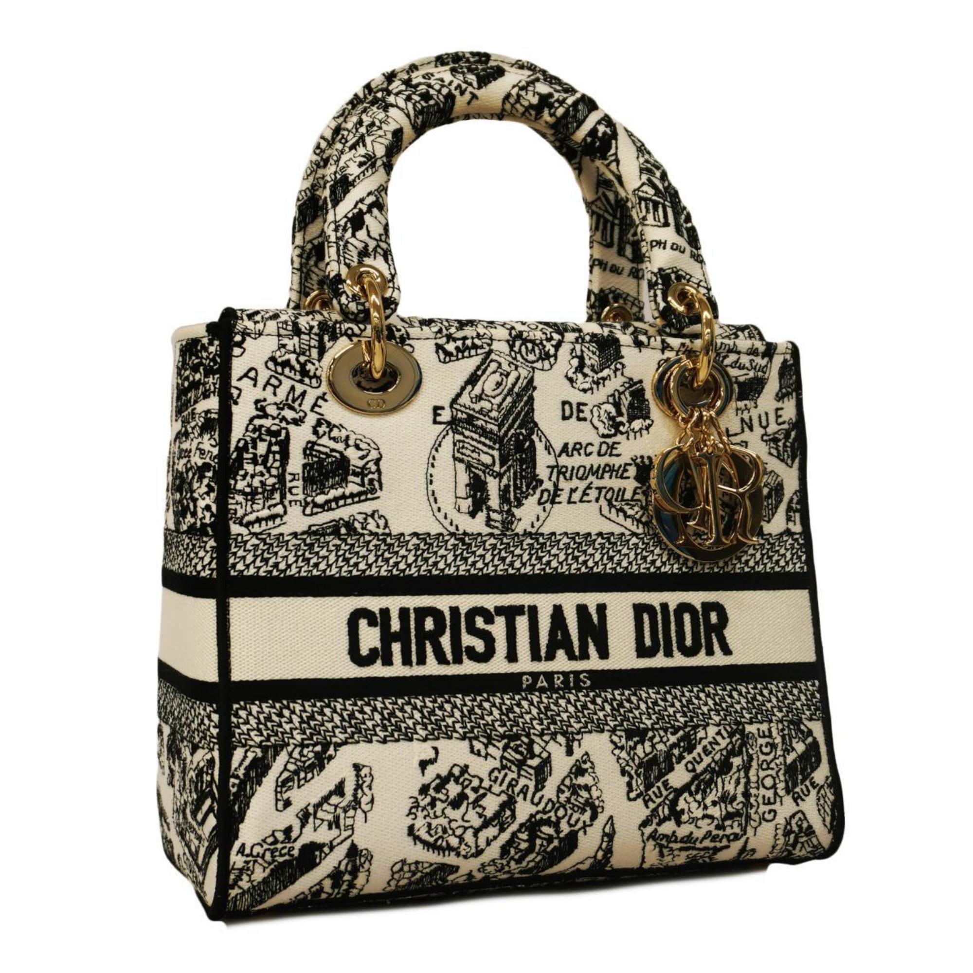 Christian Dior Handbag Lady Delight Canvas Embroidery Black White Champagne Women's