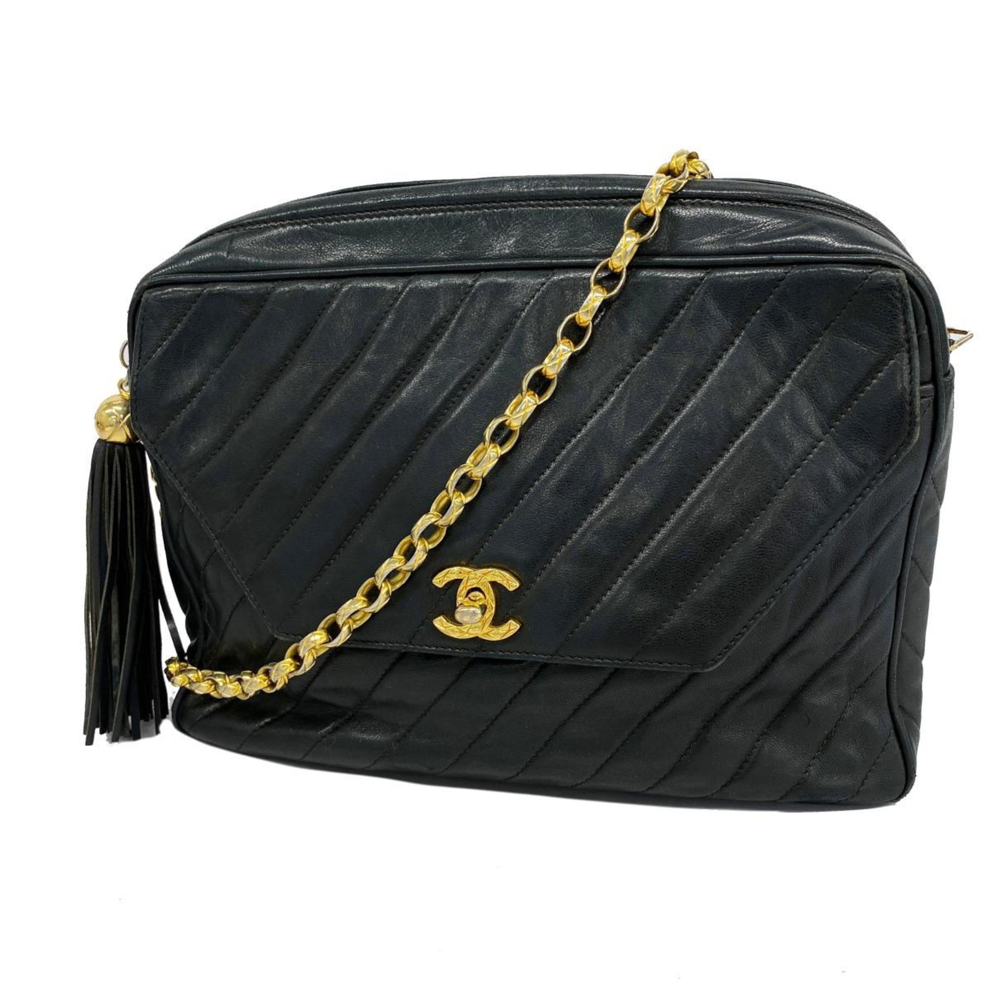 Chanel Shoulder Bag with V-stitching, Lambskin, Black, Women's