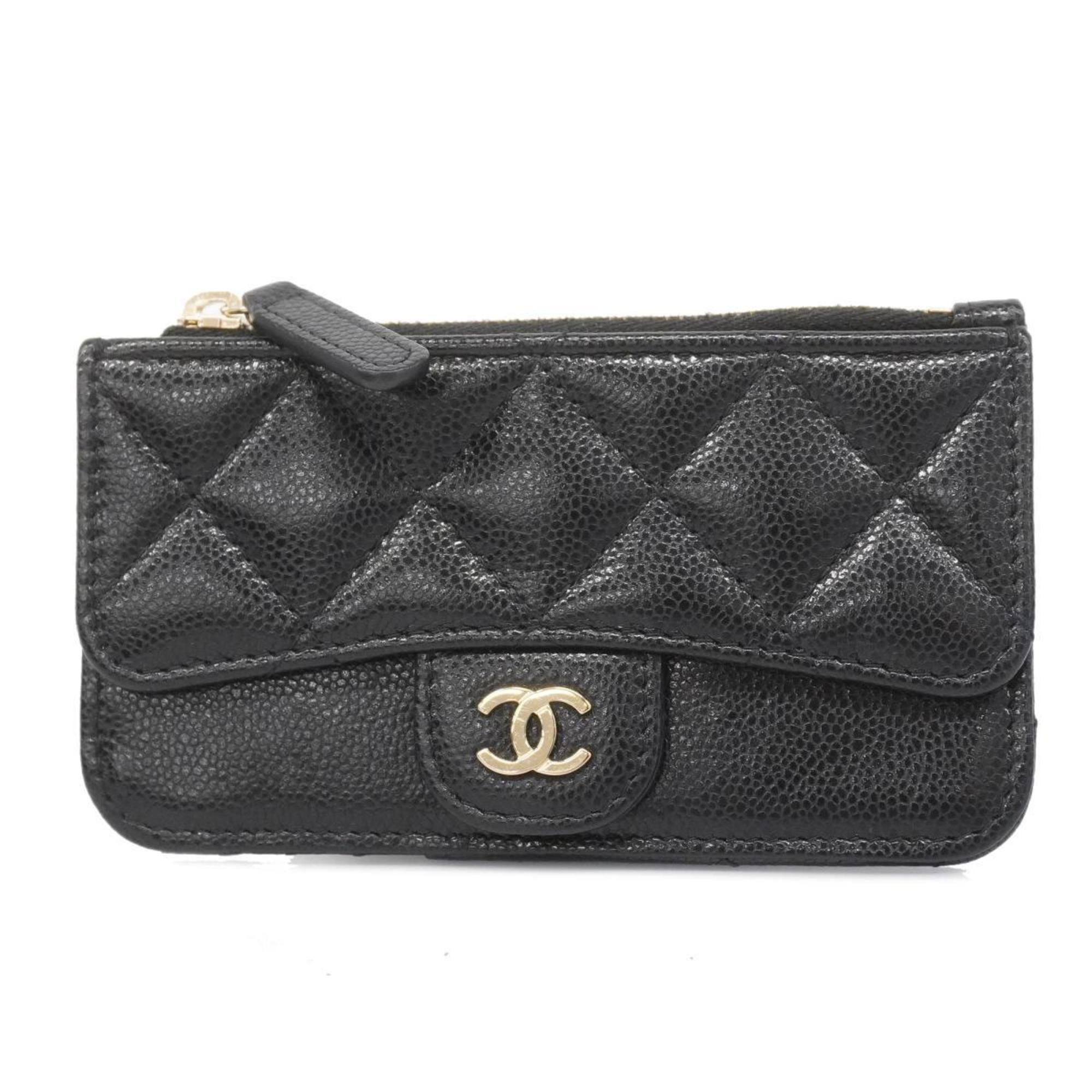 Chanel Wallet/Coin Case Matelasse Caviar Skin Black Champagne Women's