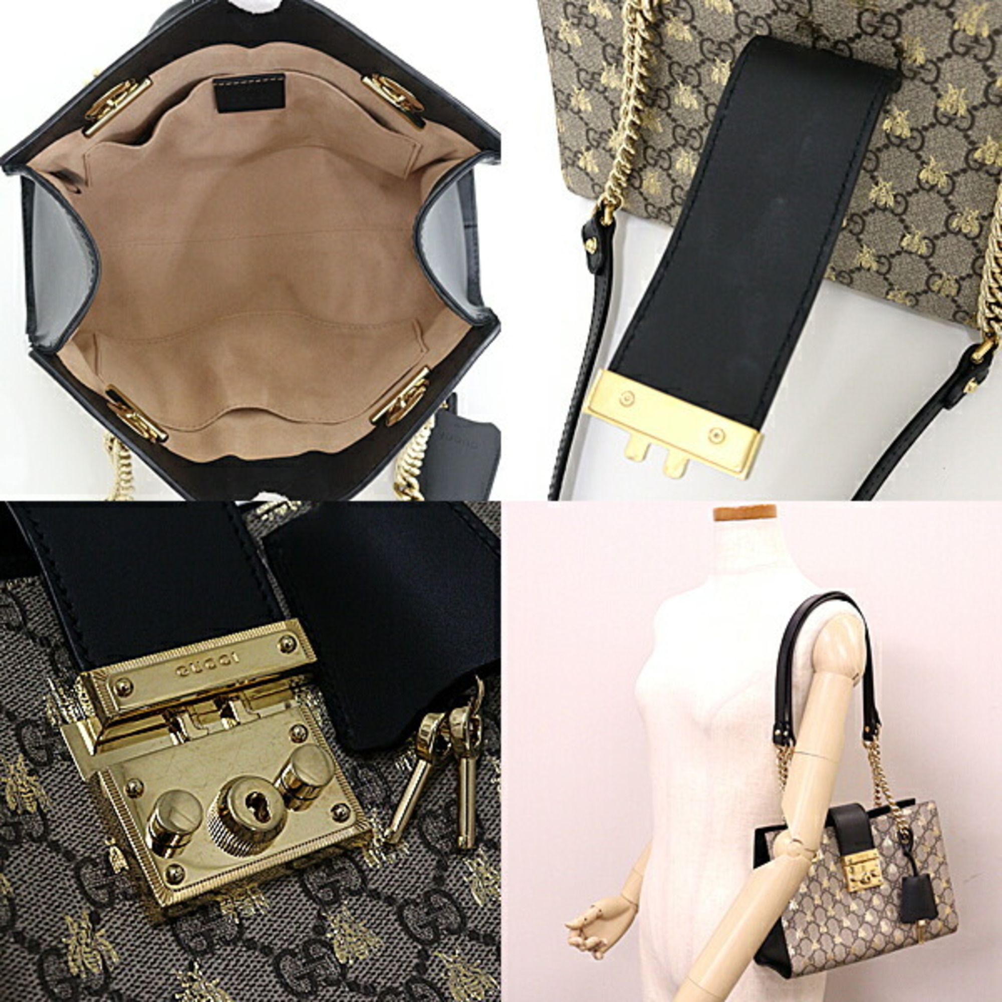 GUCCI Padlock Small Shoulder Bag Bee GG Supreme Leather 498156 Beige/Ebony Black