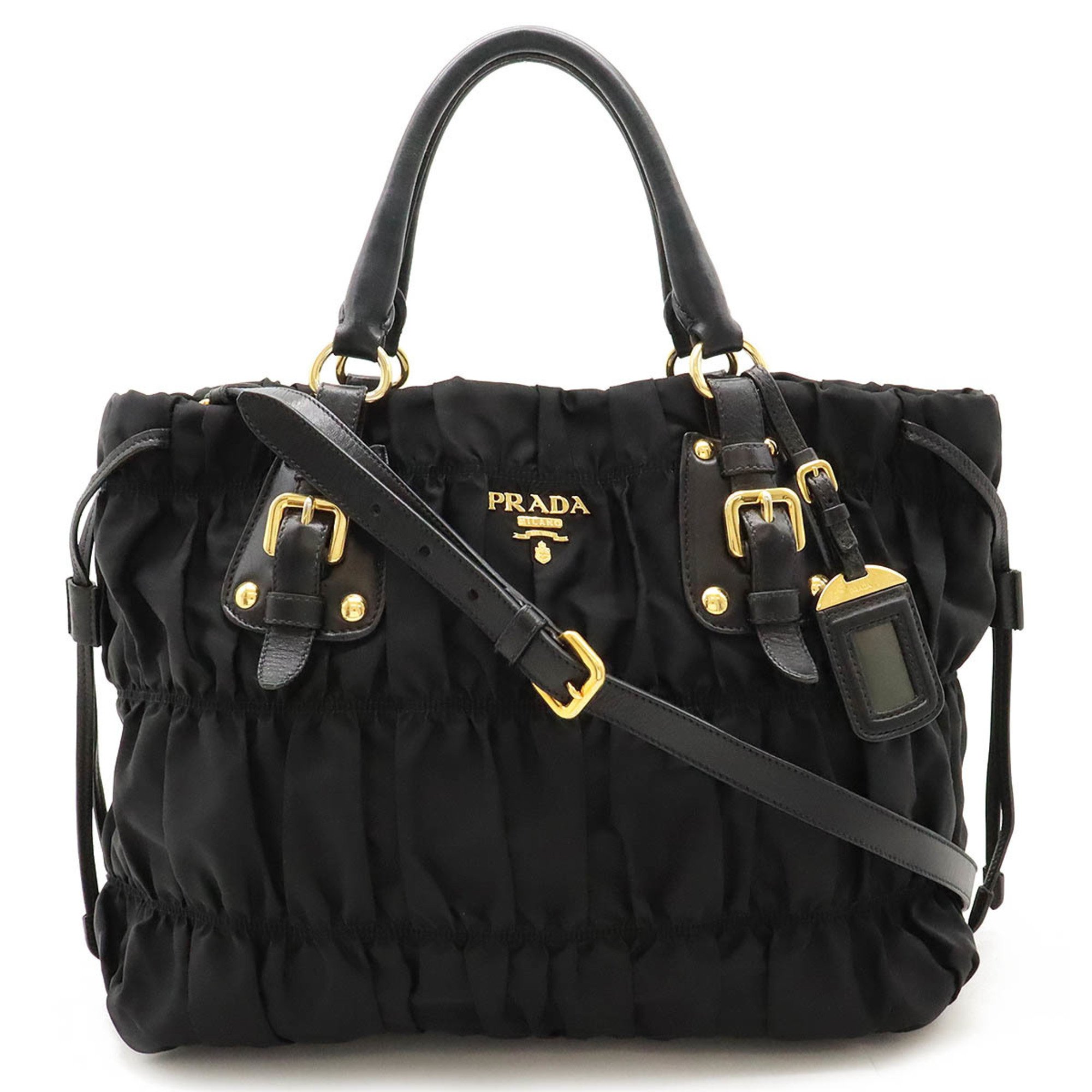 PRADA Gathered Tote Bag Shoulder Nylon Leather NERO Black Purchased at an overseas duty-free store BN1788