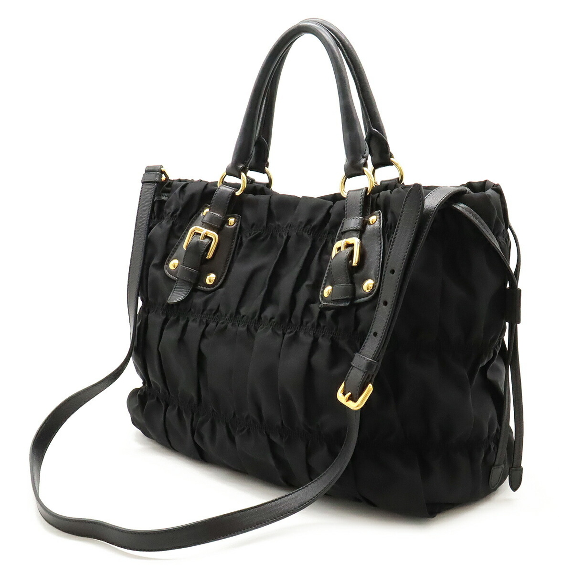 PRADA Gathered Tote Bag Shoulder Nylon Leather NERO Black Purchased at an overseas duty-free store BN1788