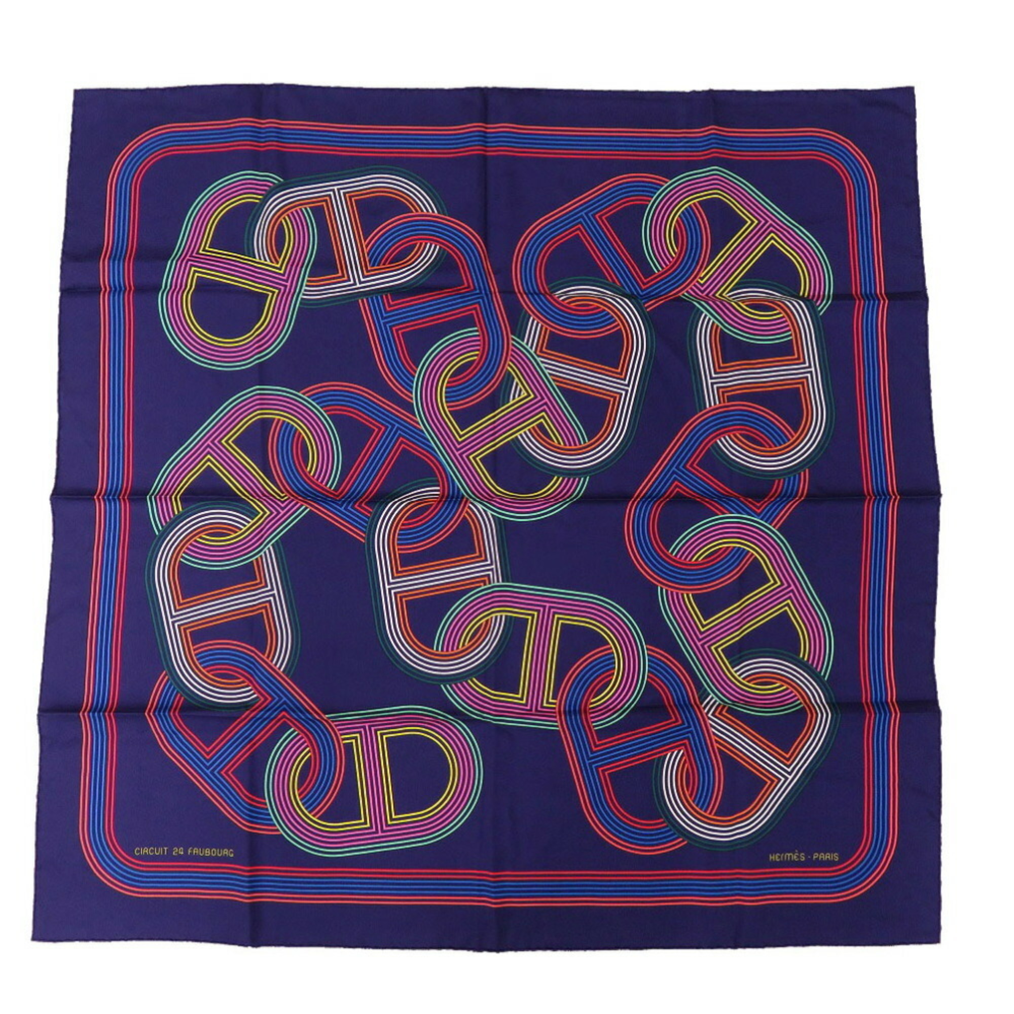 Hermes Carre 90 CIRCUIT 24 FAUBOURG 24th Street Circuit Silk/Silk Indigo Blue Navy Scarf Muffler 0215HERMES