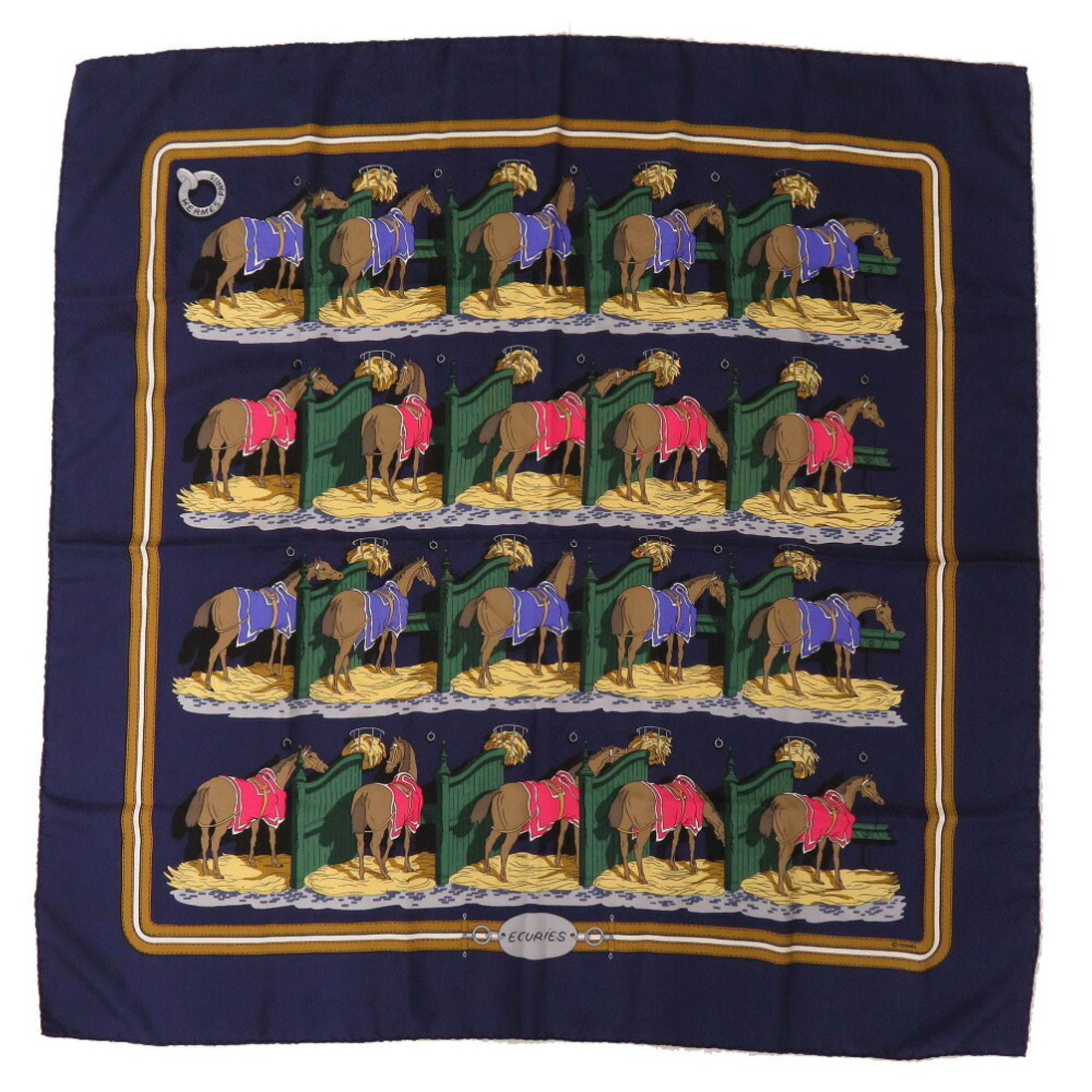 Hermes Carre 90 ECURIES Stable Silk Navy Brown Scarf Muffler 0220HERMES