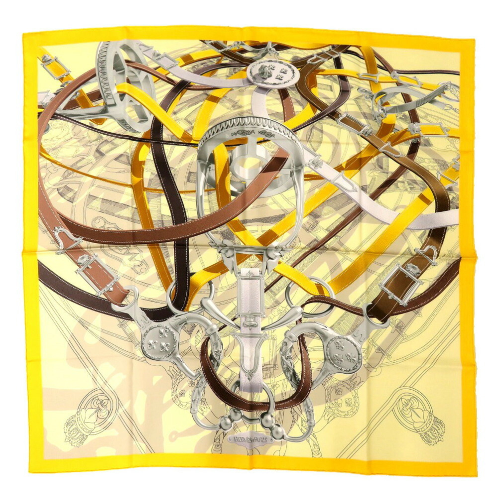 Hermes Carre 90 CAVALCODOUR VOLTIGEUR Cavalcadour Voltigeur Silk Yellow Brown Scarf Muffler 0194HERMES