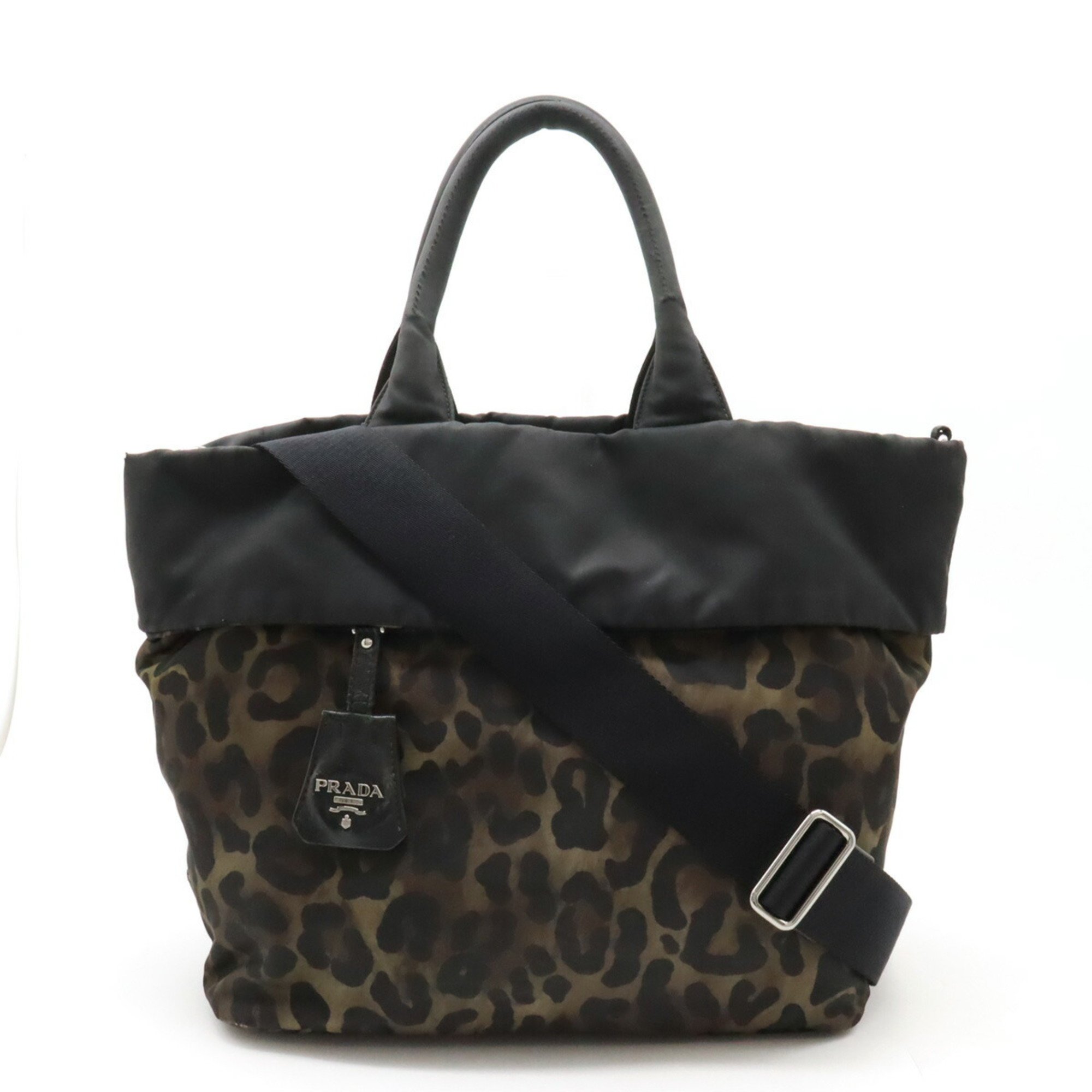 PRADA Prada Tote Bag Shoulder Reversible Leopard Camouflage Nylon Brown Black BN1959