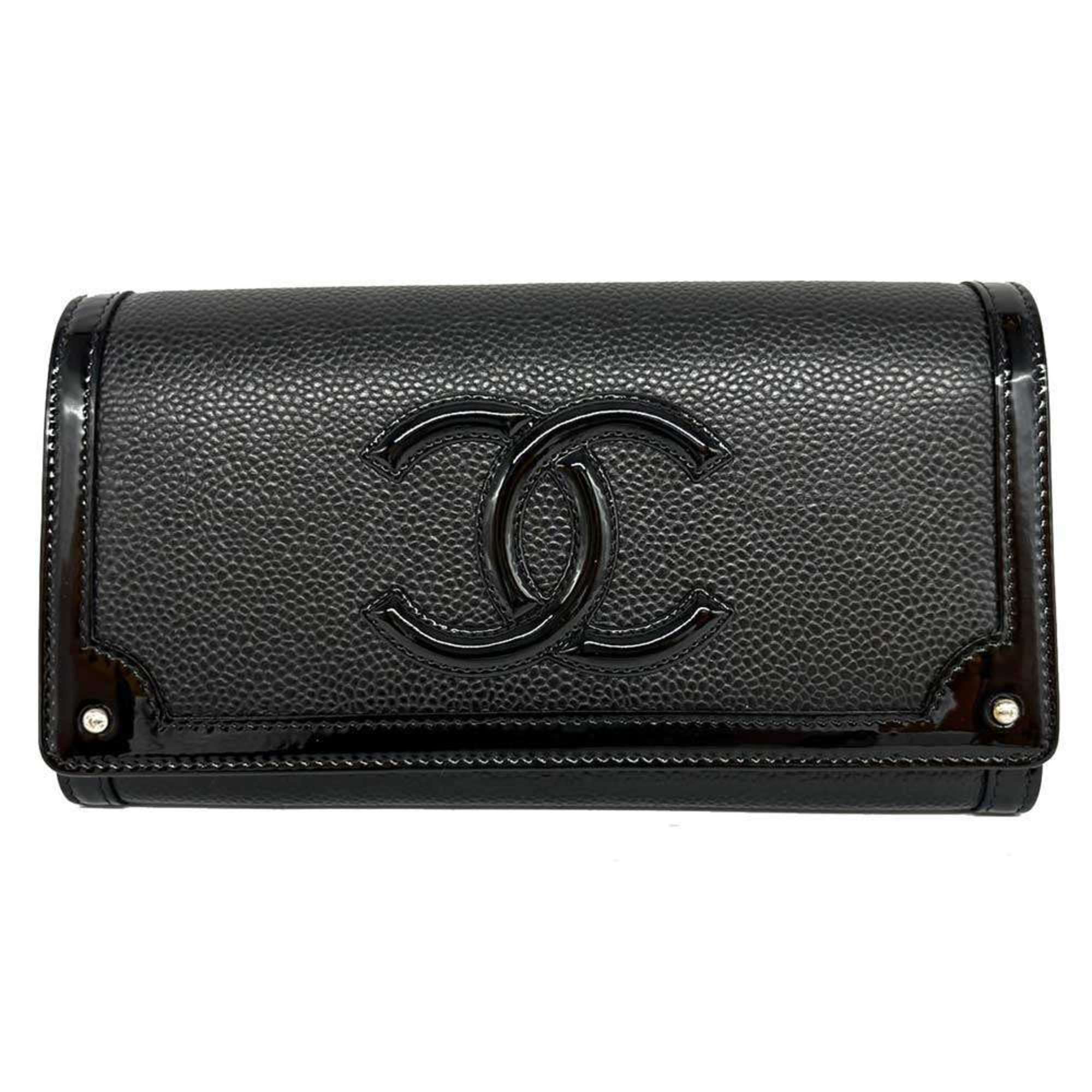 CHANEL Bi-fold Long Wallet Flap Coco Mark Caviar Skin Patent Leather Black