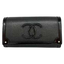 CHANEL Bi-fold Long Wallet Flap Coco Mark Caviar Skin Patent Leather Black