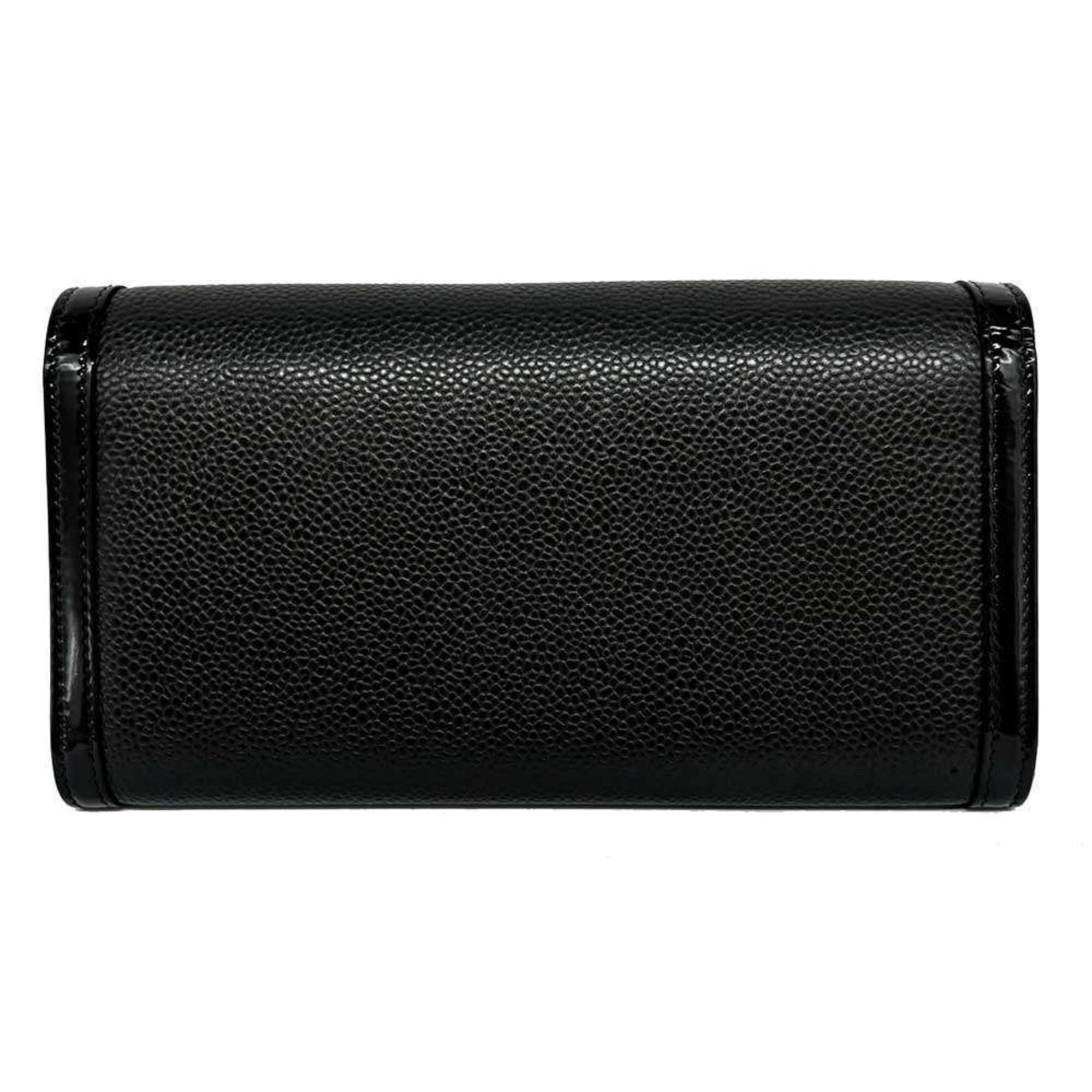 CHANEL Bi-fold Long Wallet Flap Coco Mark Caviar Skin Patent Leather Black