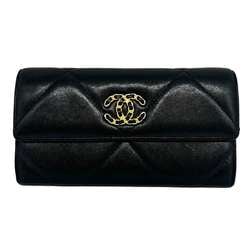 Chanel Lambskin 19 Long Wallet Flap Cross Stitch Leather Black Coco Mark CHANEL