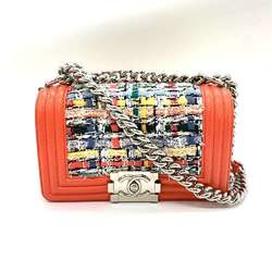 Chanel Bag Boy Chain Shoulder Coral Orange x Multicolor Horizontal Women's Tweed Leather A67085 CHANEL