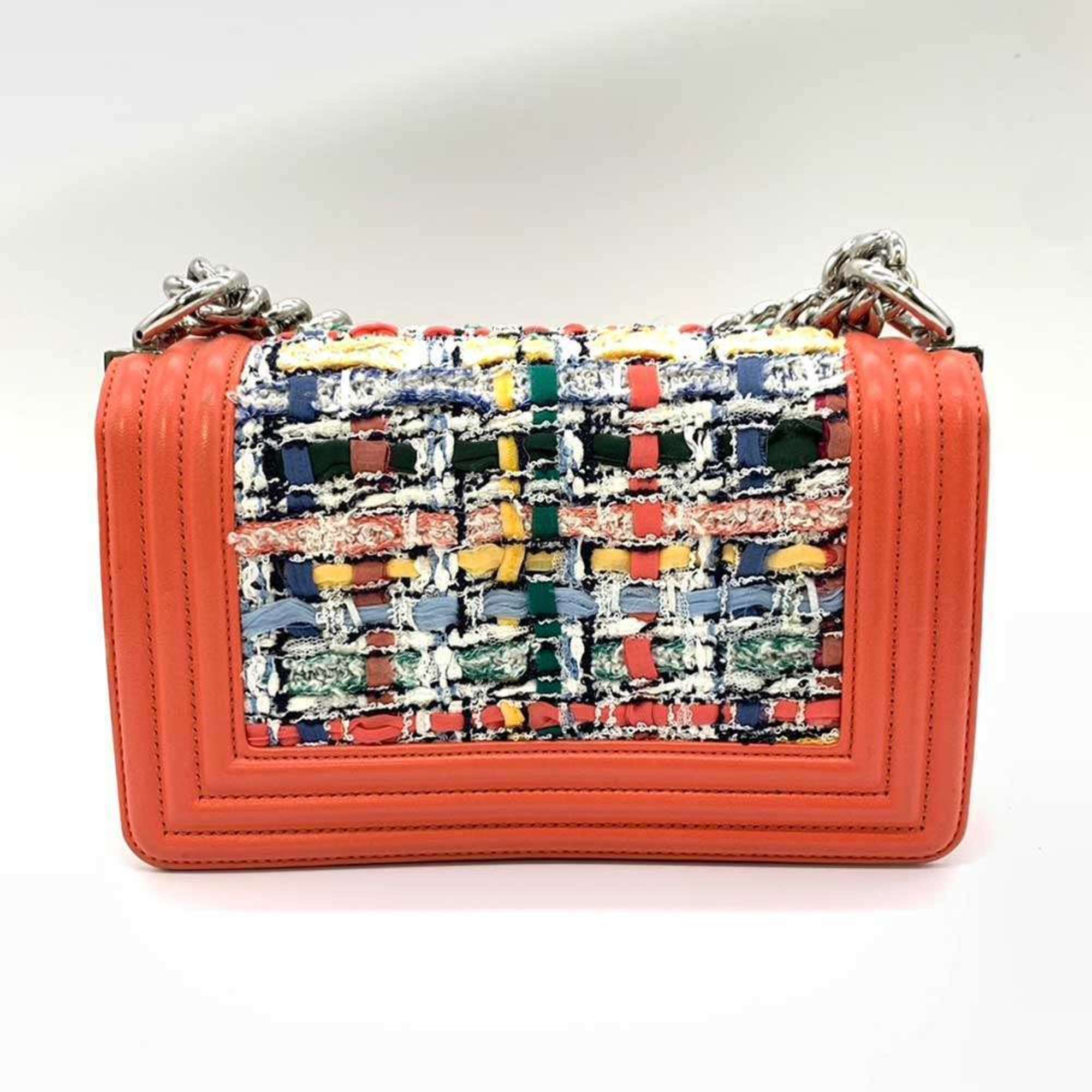 Chanel Bag Boy Chain Shoulder Coral Orange x Multicolor Horizontal Women's Tweed Leather A67085 CHANEL