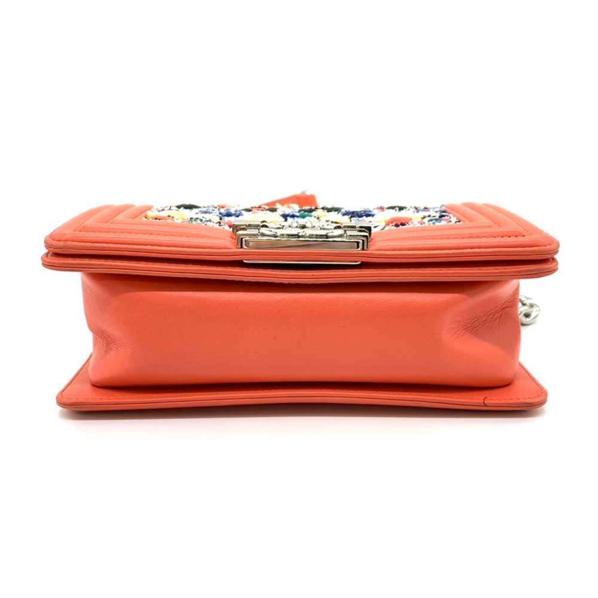 Chanel Bag Boy Chain Shoulder Coral Orange x Multicolor Horizontal Women's Tweed Leather A67085 CHANEL