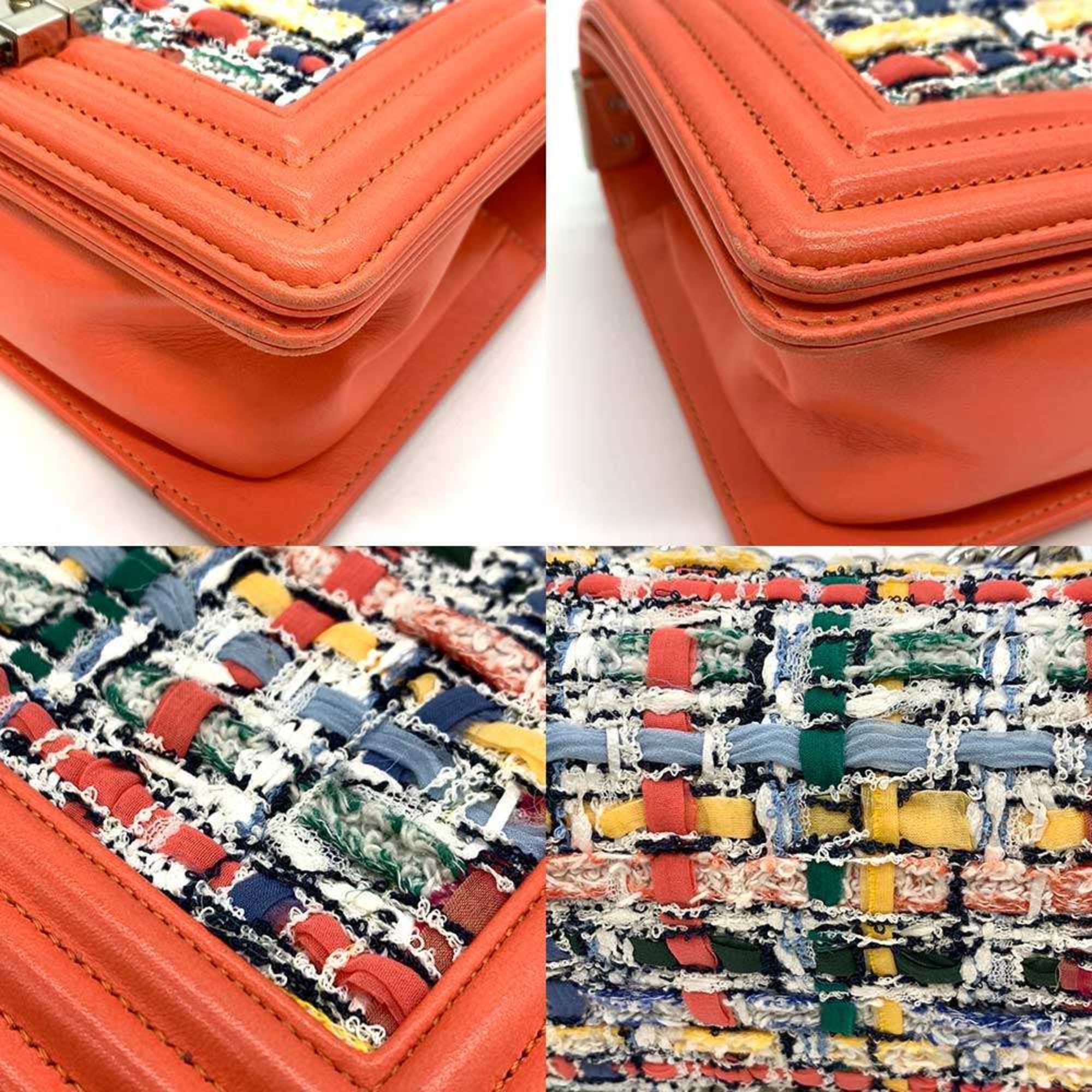 Chanel Bag Boy Chain Shoulder Coral Orange x Multicolor Horizontal Women's Tweed Leather A67085 CHANEL