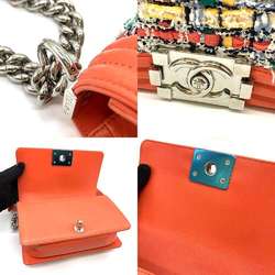 Chanel Bag Boy Chain Shoulder Coral Orange x Multicolor Horizontal Women's Tweed Leather A67085 CHANEL